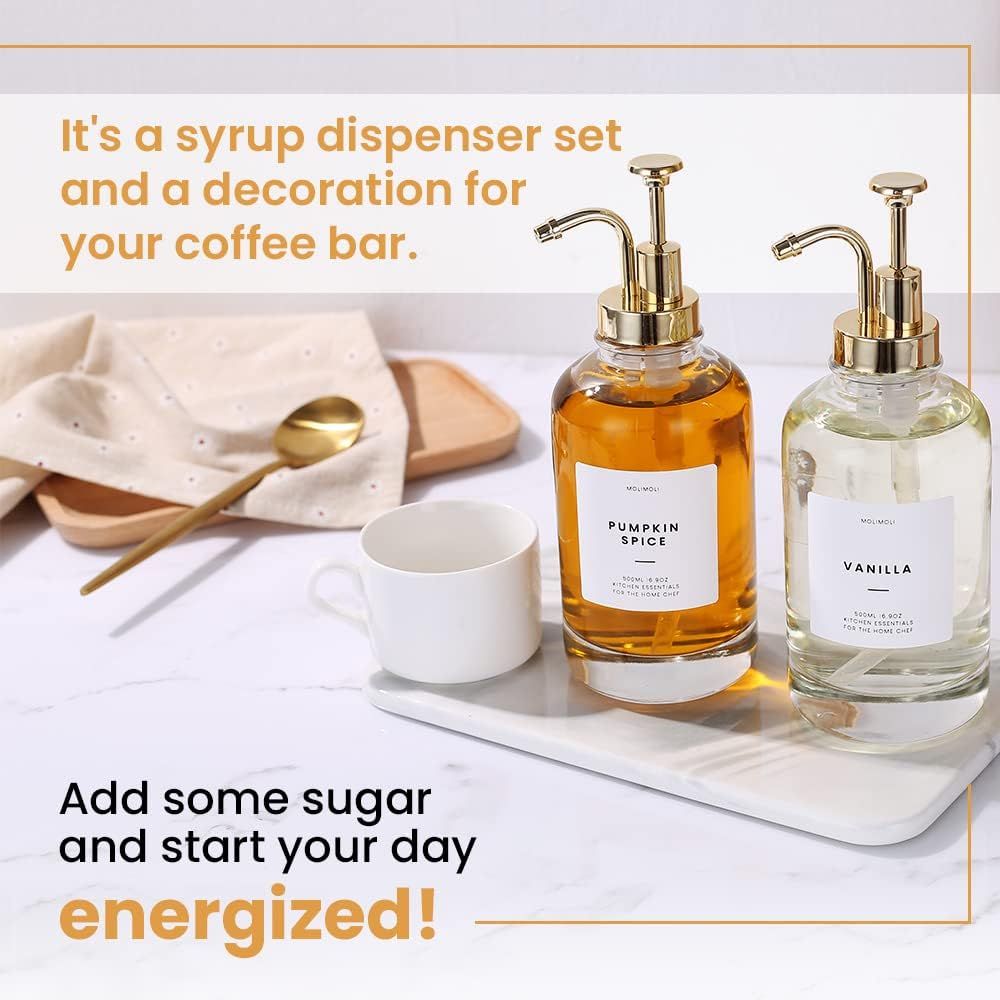 Syrup Dispenser for Coffee Bars, Glass Syrup Bottle w. Pump, 16.9 oz 500 ml, Set of 2, Gold Upgraded Dispenser — image 4