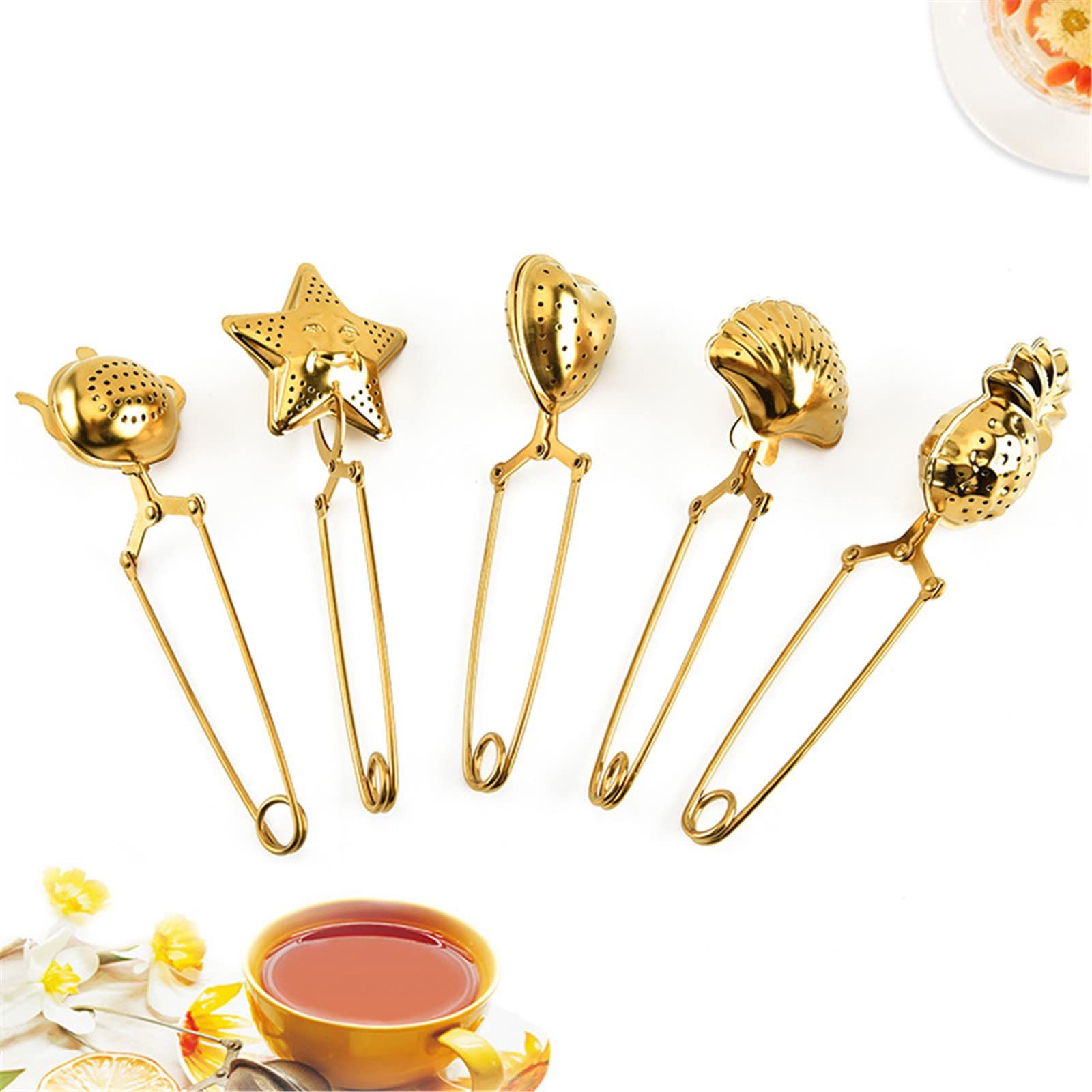 5Pcs Tea Snap Balls Seashell Heart Star Pineapple Teapot Shape Tea Filters Stainless Steel Tea Strainer with Long Handle(Gold)