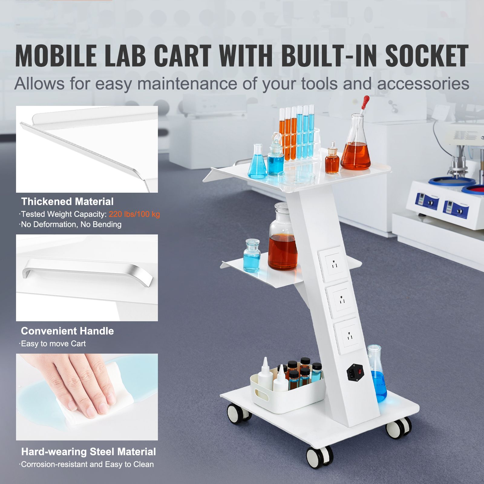 Trolley Cart Dental Lab Mobile Rolling Serving Cart 3 Layers with Socket โ image 2