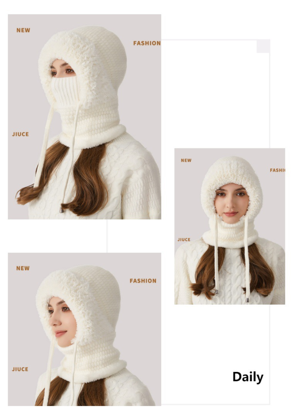 Winter Corn Velvet Hooded Scarf Mask Set - Thick Fleece Lined Knit Cap for Women - Warm Balaclava Neck Warmer for Extreme Cold - Off White — image 2