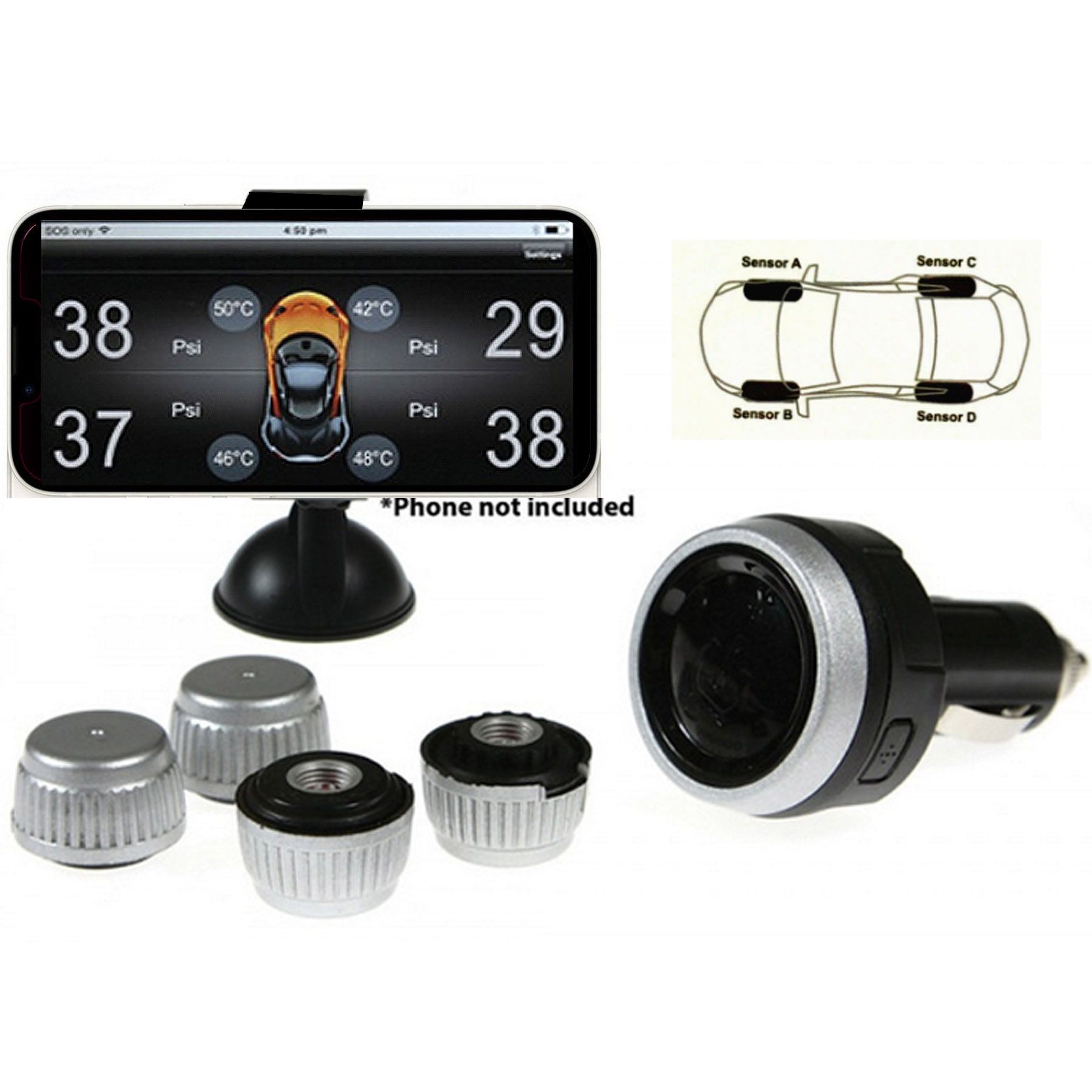 Gator DIY BT Wireless Car Tyre Pressure Monitor Monitoring System App Control TPM iOS