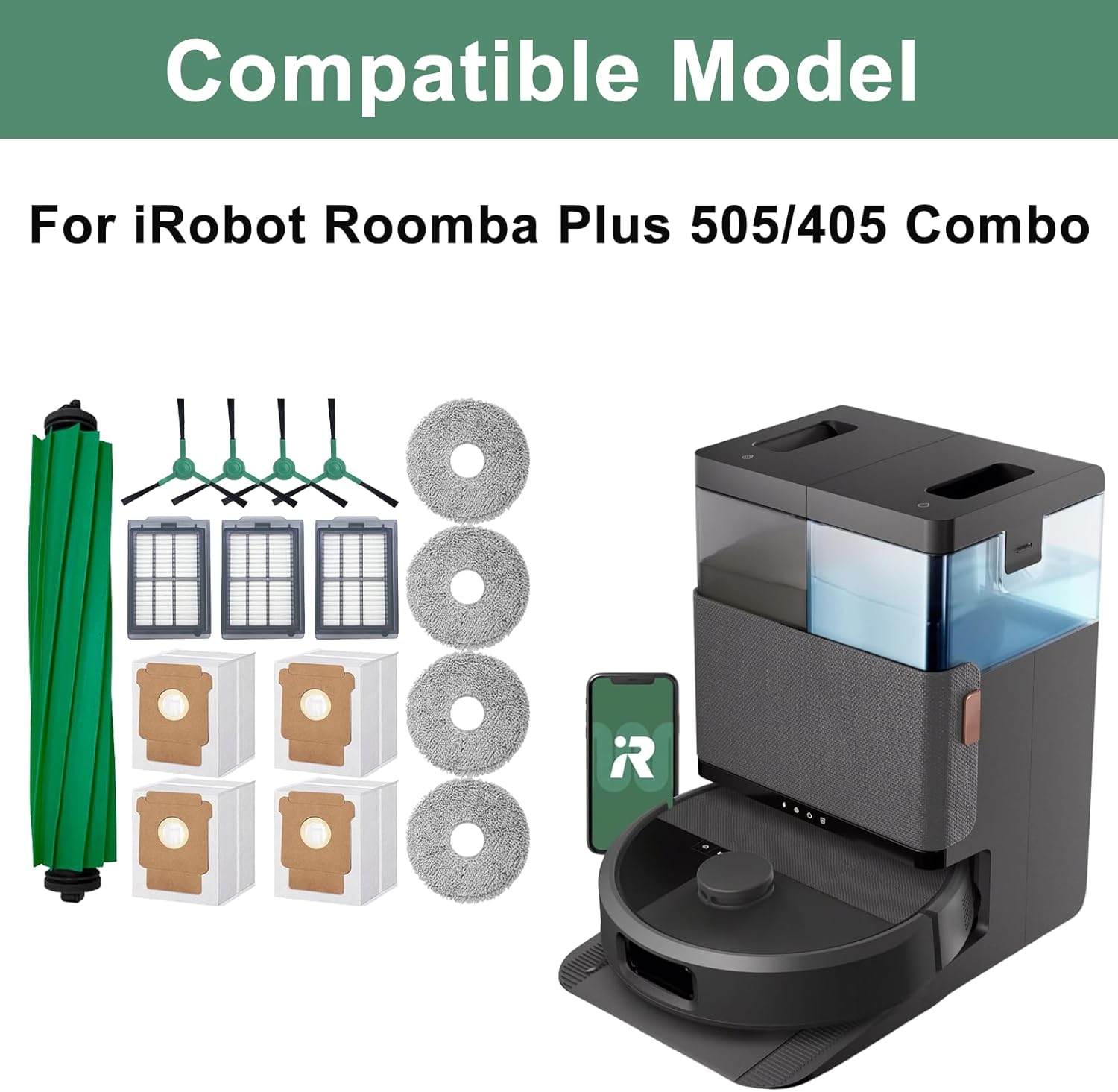 16-Piece Replacement Parts Kit for IRobot Roomba 505/405 Combo Robot Vacuum Cleaner, Main Brush ×1, Side Brushes ×4, HEPA Filters ×3, Cleaning Cloths ×4, Dust — image 2