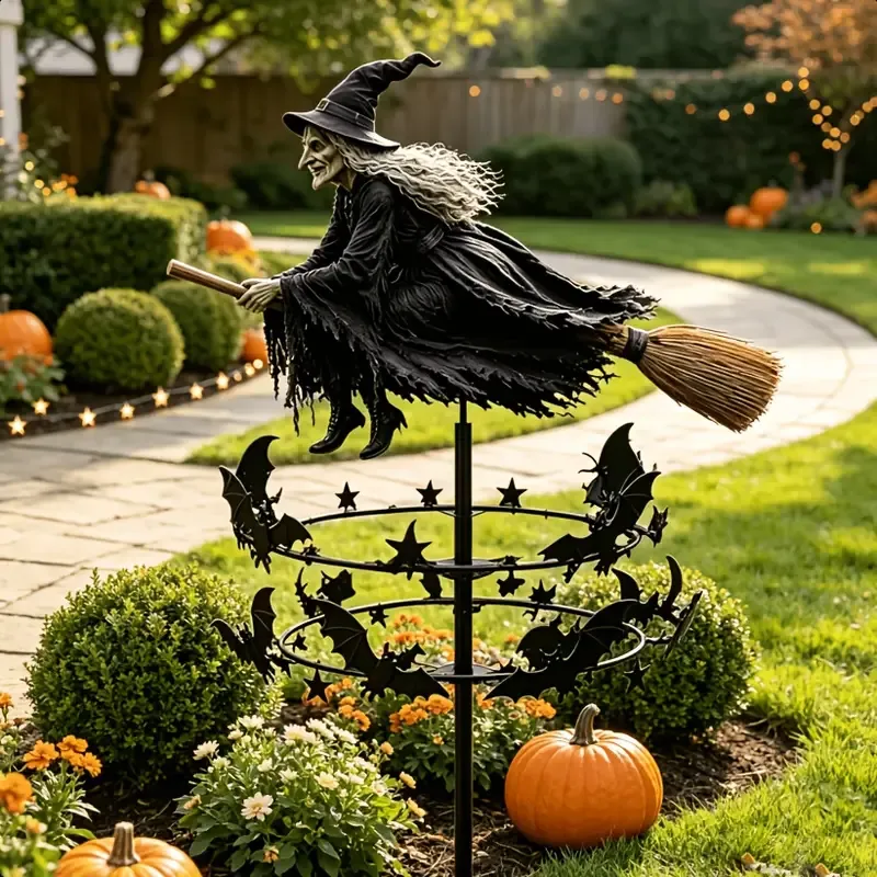 π§βοΈ Halloween Flying Witch Broomstick Windmill Lawn Stake, featuring a double-layer bat spinning design. The ultimate yard decoration β magic comes alive with β image 2