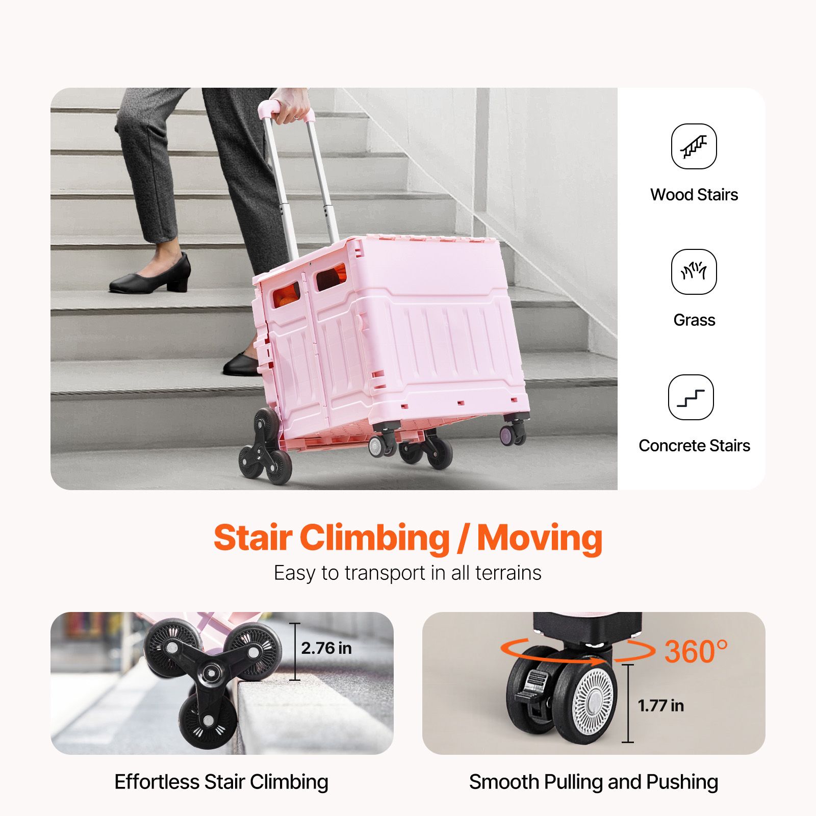 Foldable Utility Cart, 65L Collapsible Portable Crate Rolling Cart with Stair Climbing Wheels & 360° Swivel Wheels, Hand Cart with Telescoping Handle for — image 2