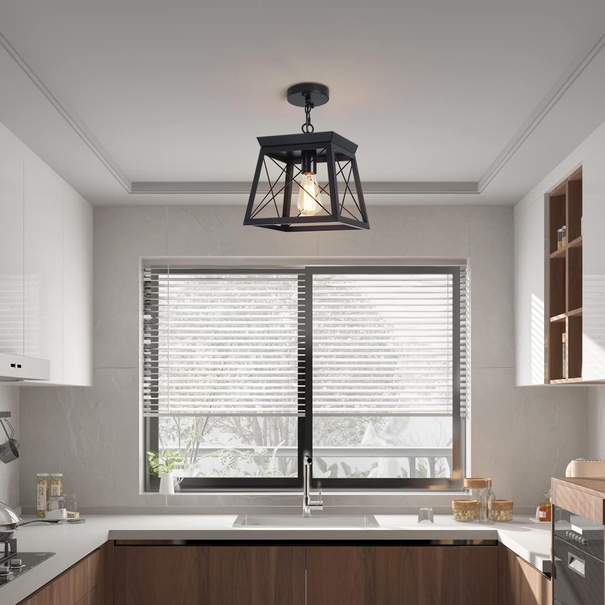 Farmhouse Pendant Light Rustic Lantern Chandelier Black — image 4