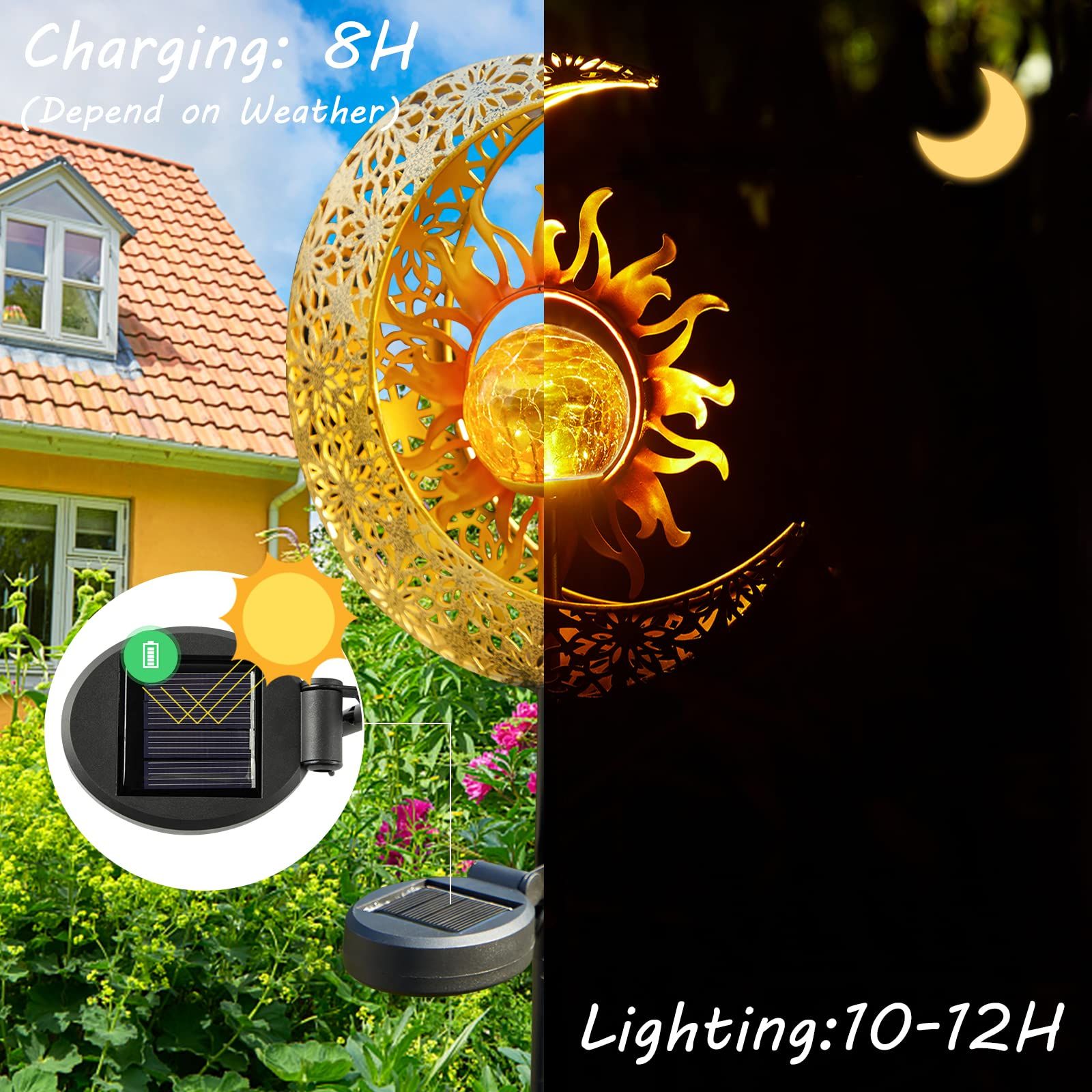 Garden Solar Lights Outdoor Decorative, Sun & Moon Crackle Glass Globe Metal Stake Light, Waterproof Warm White LED Light,(1 Pack) — image 4