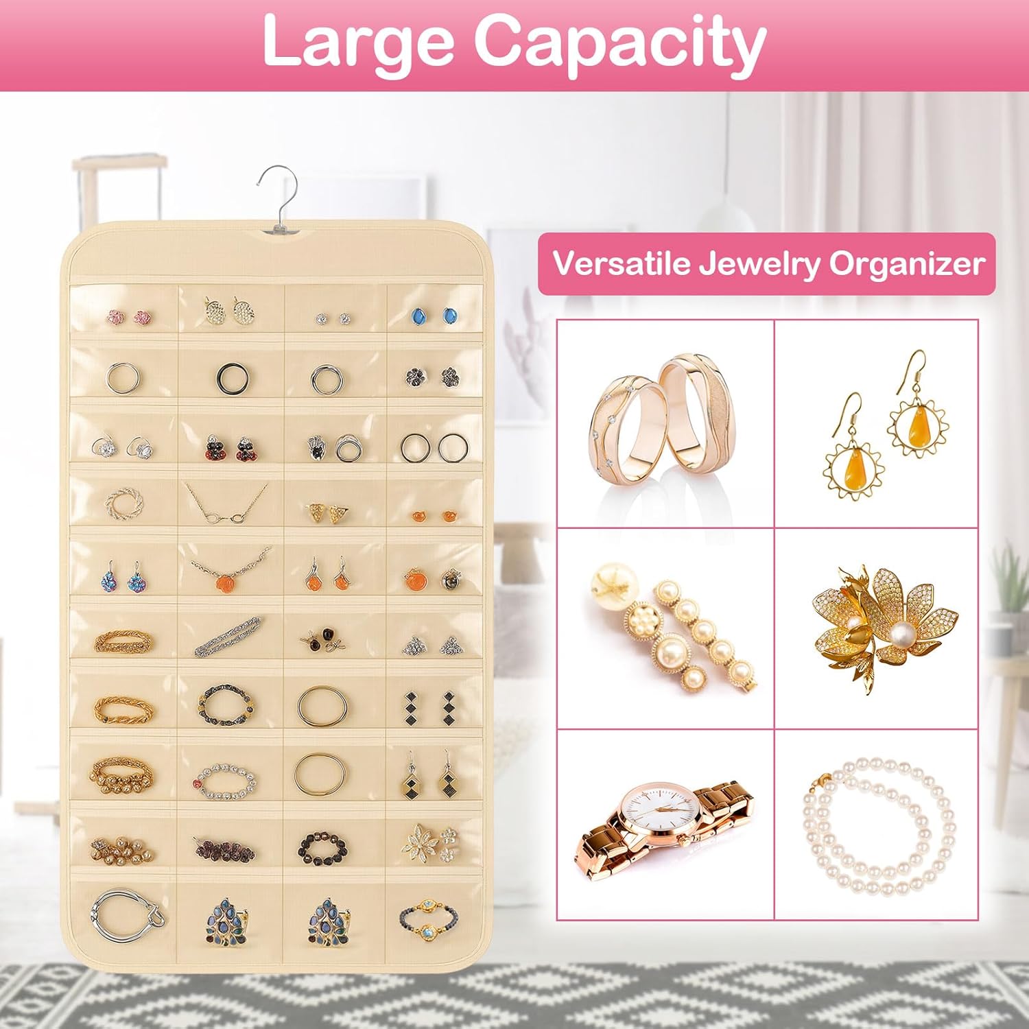 1 Pack Hanging Jewelry Organizer, 80 Clear Pockets earring organizer and storage, Accessories holder organizer for Closet, Jewelries, Necklace, Travel — image 4