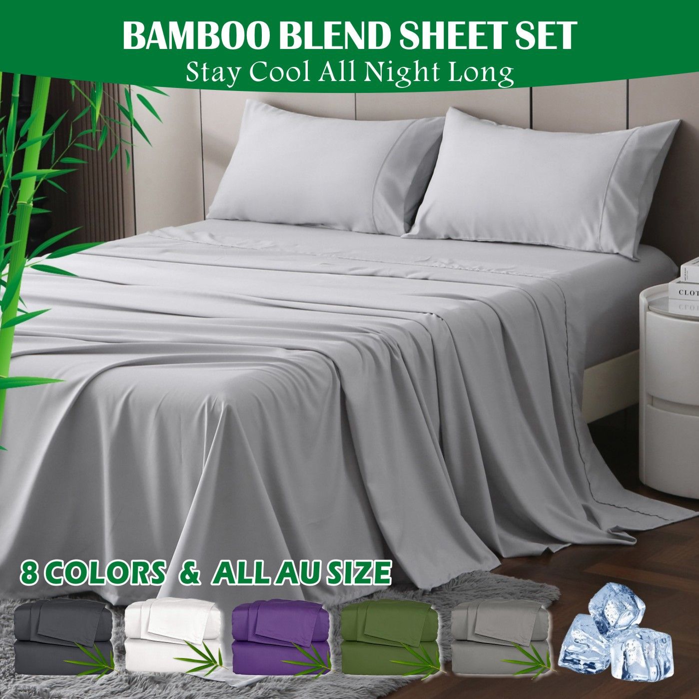 3 Piece Hotel Bamboo Cooling Sheet Set -Ultra Soft 2000TC Breathable Bed Sheets Set with 37 Centimetre Deep Pocket-Cooling Sheets for Hot