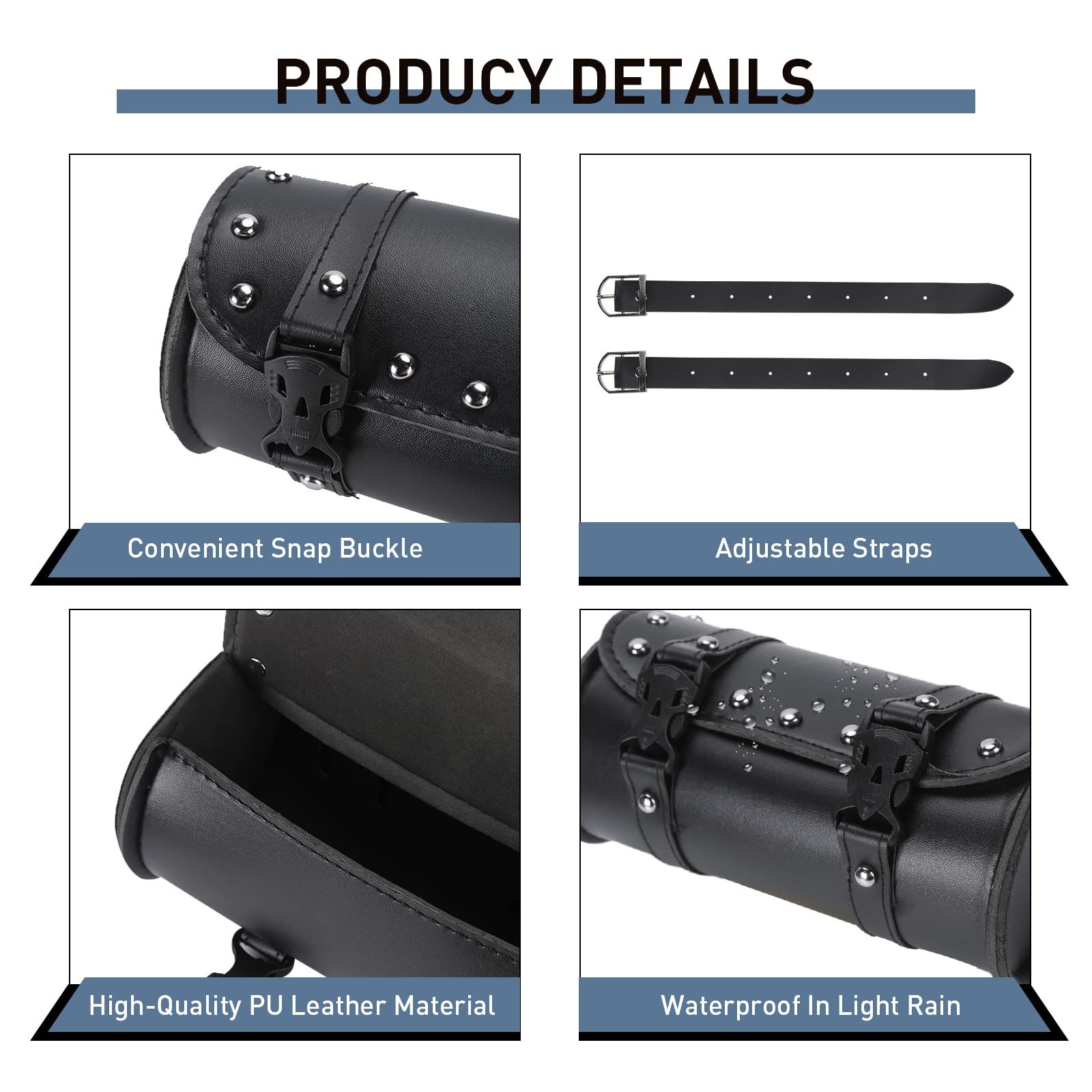 Motorcycle Handlebar Bag, Motorcycle Fork Tool Bag Motorcycle Tool Bag With 2 Straps Leather Black Universal for Motorcycle Front โ image 4