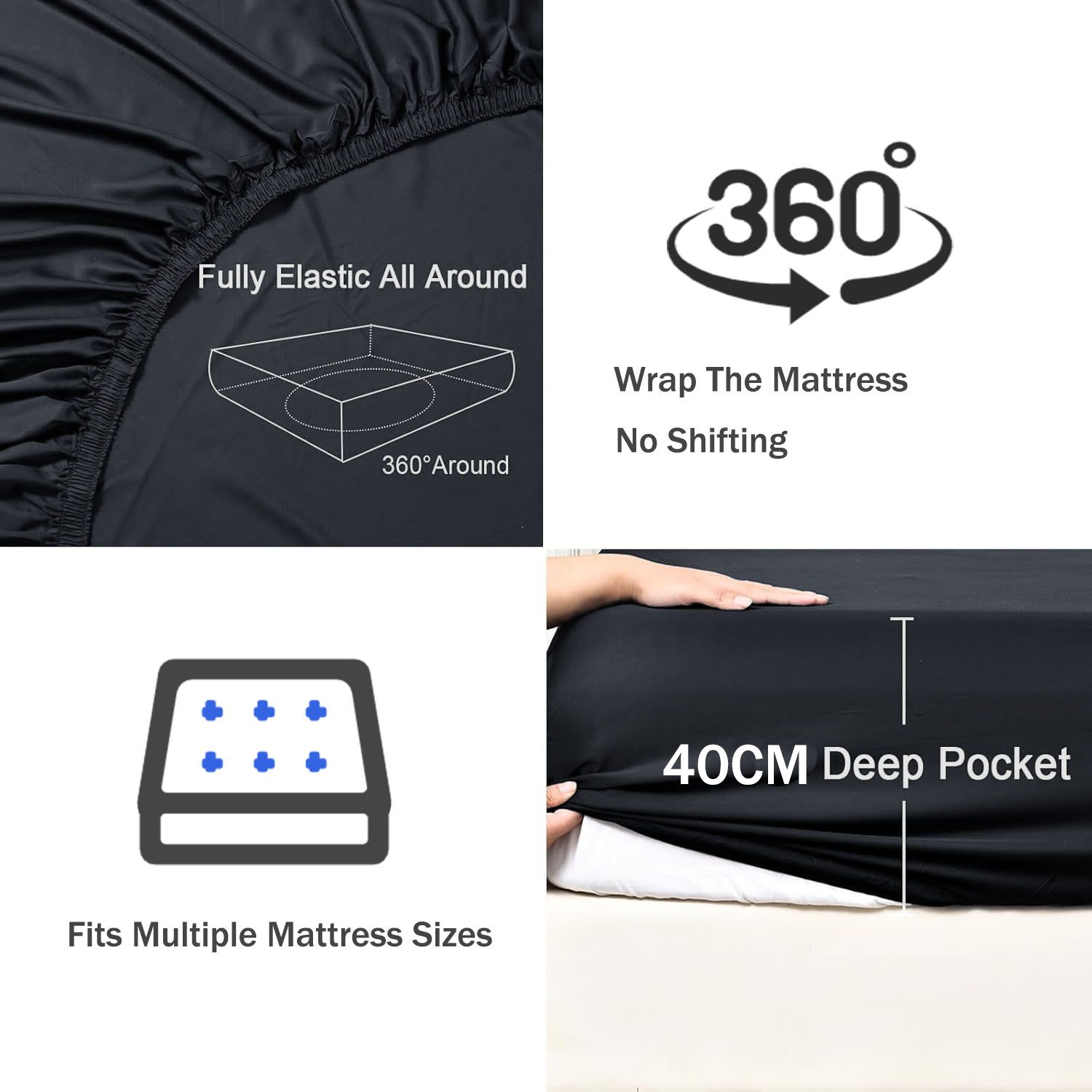 3 Piece Fitted Sheet Set- Fitted Sheet & Pillowcases -Breathable Bedding - Wrinkle, Fade, Stain Resistant- 40cm Deep Pocket Fitted Bed Sheet Set(Black,Double) — image 3