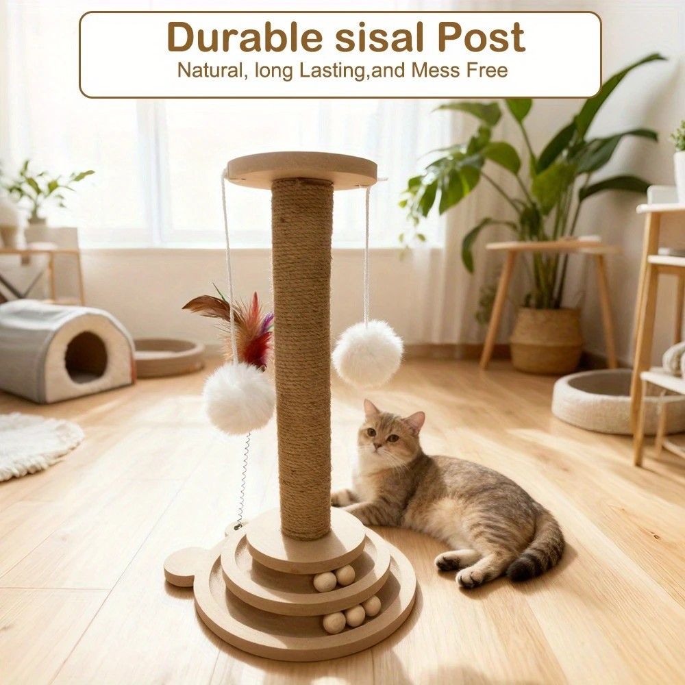 Bestselling Interactive Cat Scratching Post | Sisal Scratching Board + Rotating Ball Track + Feather Toy, Multi-functional Cat Tower for Solo Play and Stress โ image 4