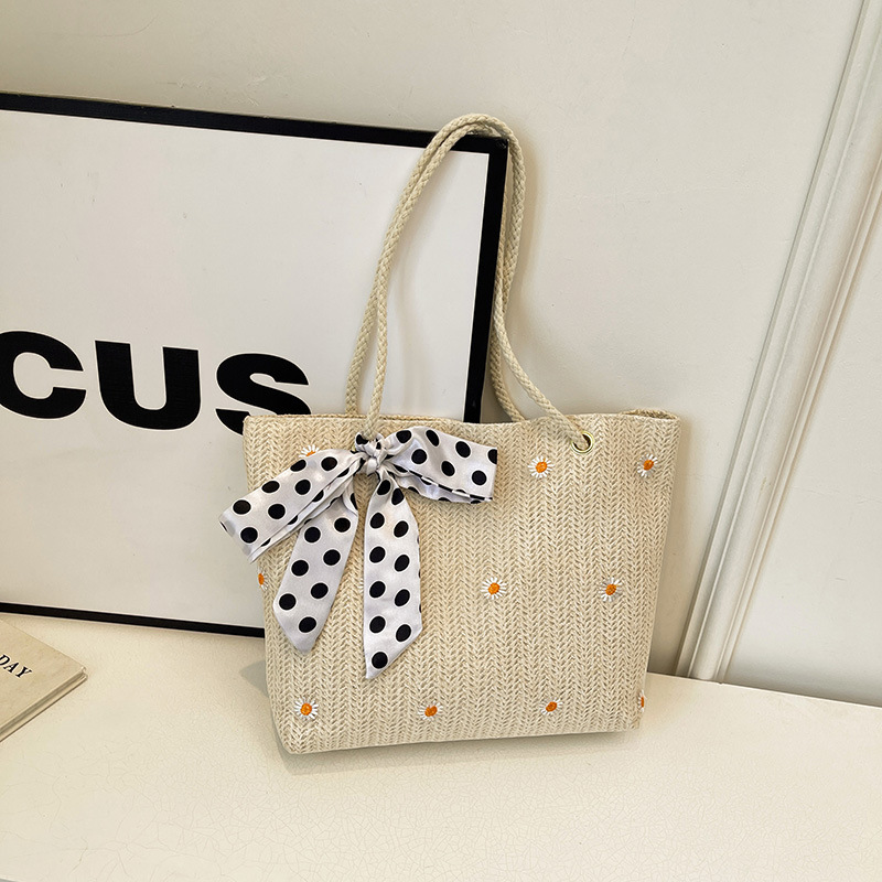 White Women's Straw Woven Tote Bag Summer Daisy Embroidery Shoulder Handbag with Ribbon Scarf — image 2