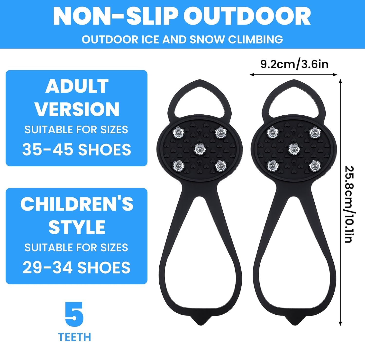 Anti-Slip Spikes Crampons with 5 Steel Teeth 2 Pairs for Traction on Ice and Snow — image 2