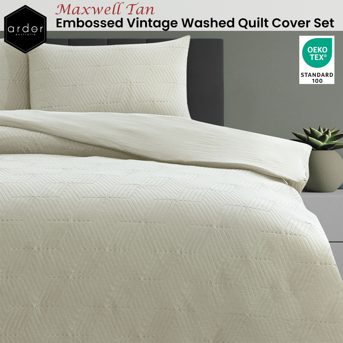 Ardor Maxwell Tan Embossed Vintage Washed Quilt Cover Set Queen โ image 2