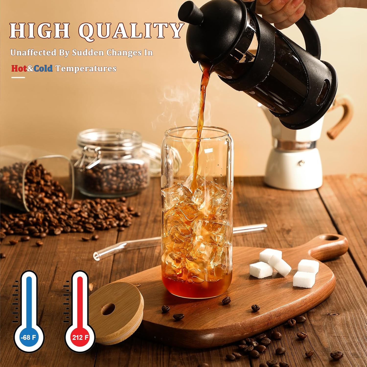 20 OZ Glass Cups with Bamboo Lids and Glass Straw - Beer Shaped Drinking Glasses Set, Iced Coffee Glasses, Cute Tumbler Cup, Aesthetic Coffee Bar Accessories — image 6