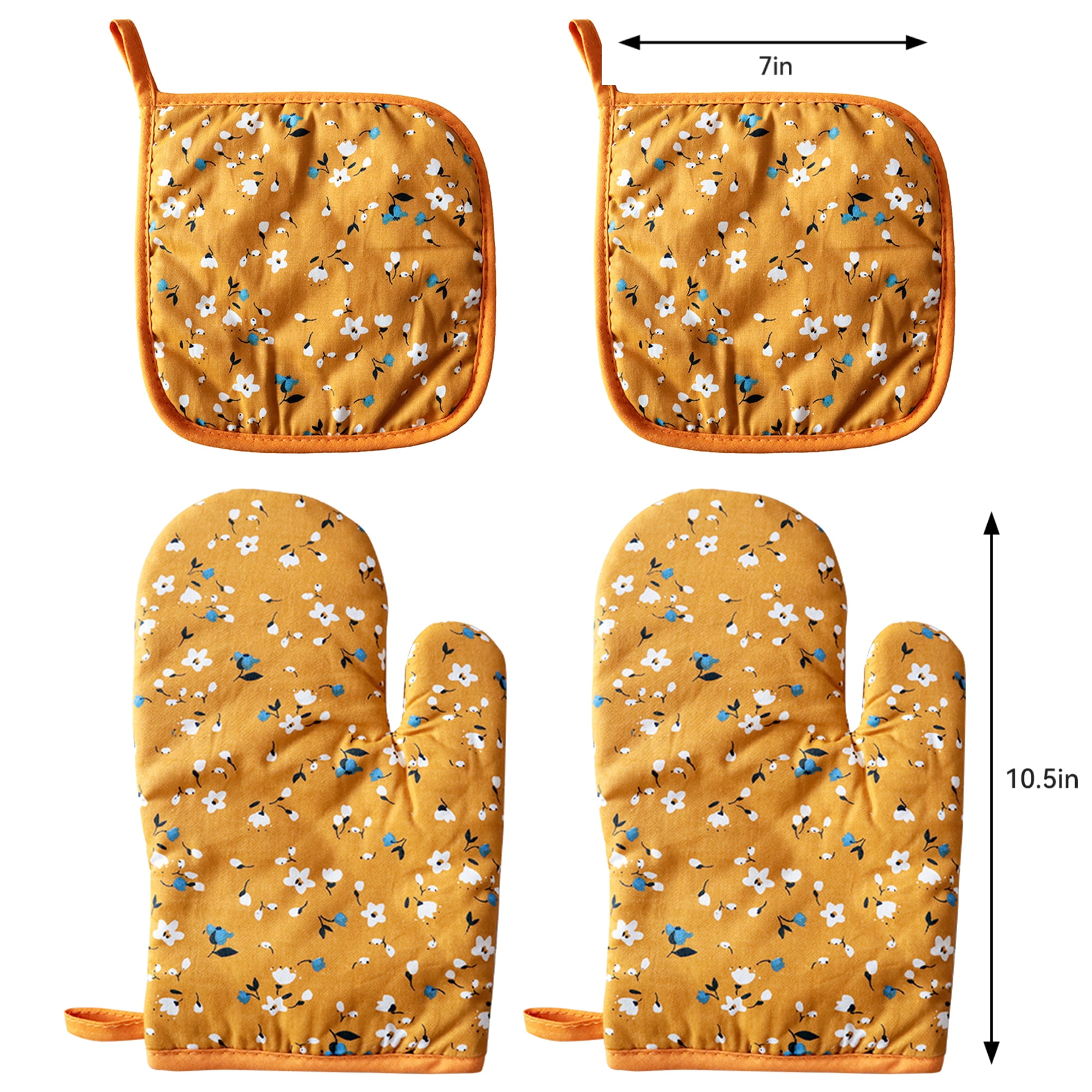 4 Pack Oven Mitts and Pot Holders Set, Heat Resistant Fabric Bake Pot Holders Gloves, Yellow Floral โ image 5