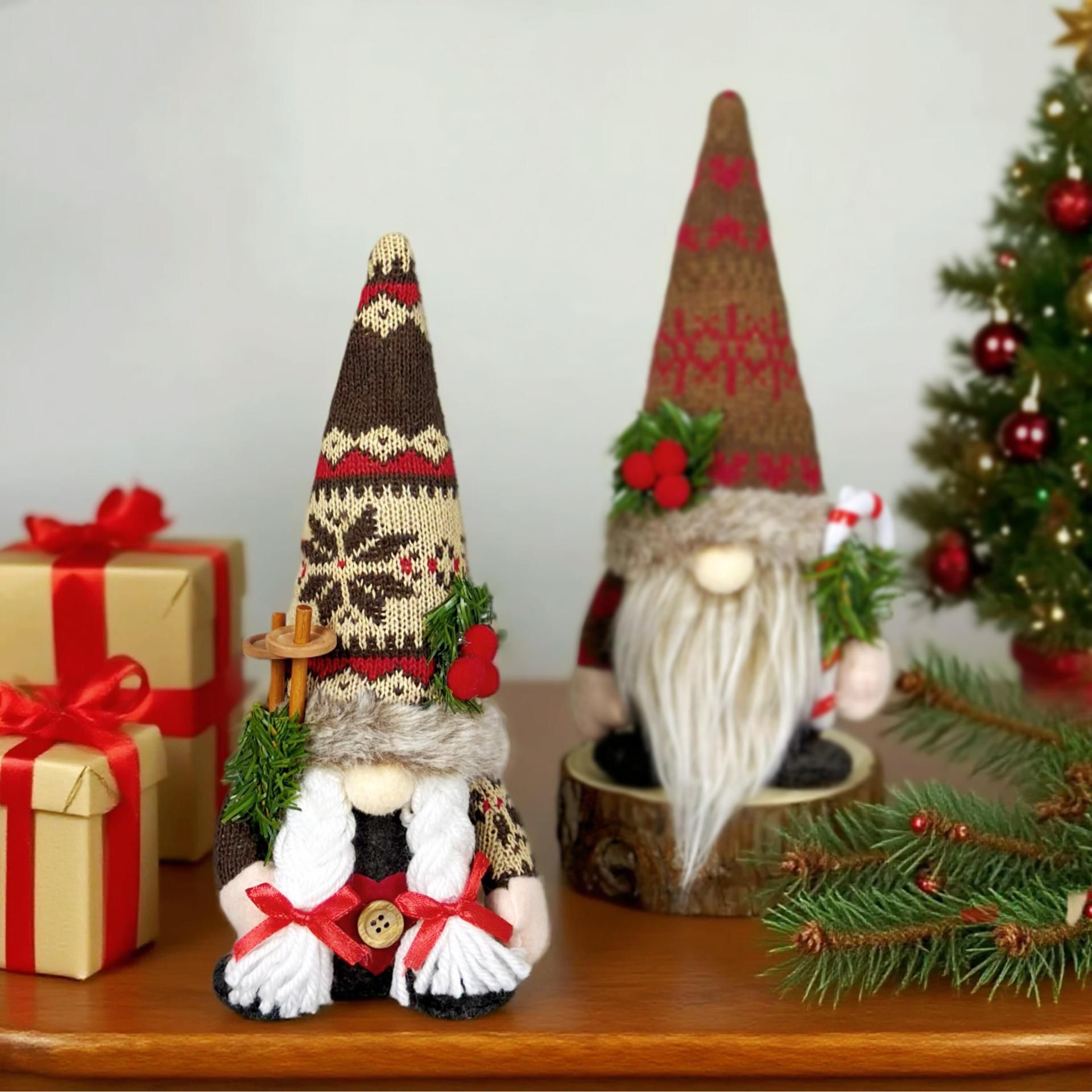 Knitted Hat Rudolph Gnome Figurine | Holding Pine Branches and Skis, Nordic-Style Adorable Ornament Lights Up Christmas./Knitted Snow Hat doll โ image 5
