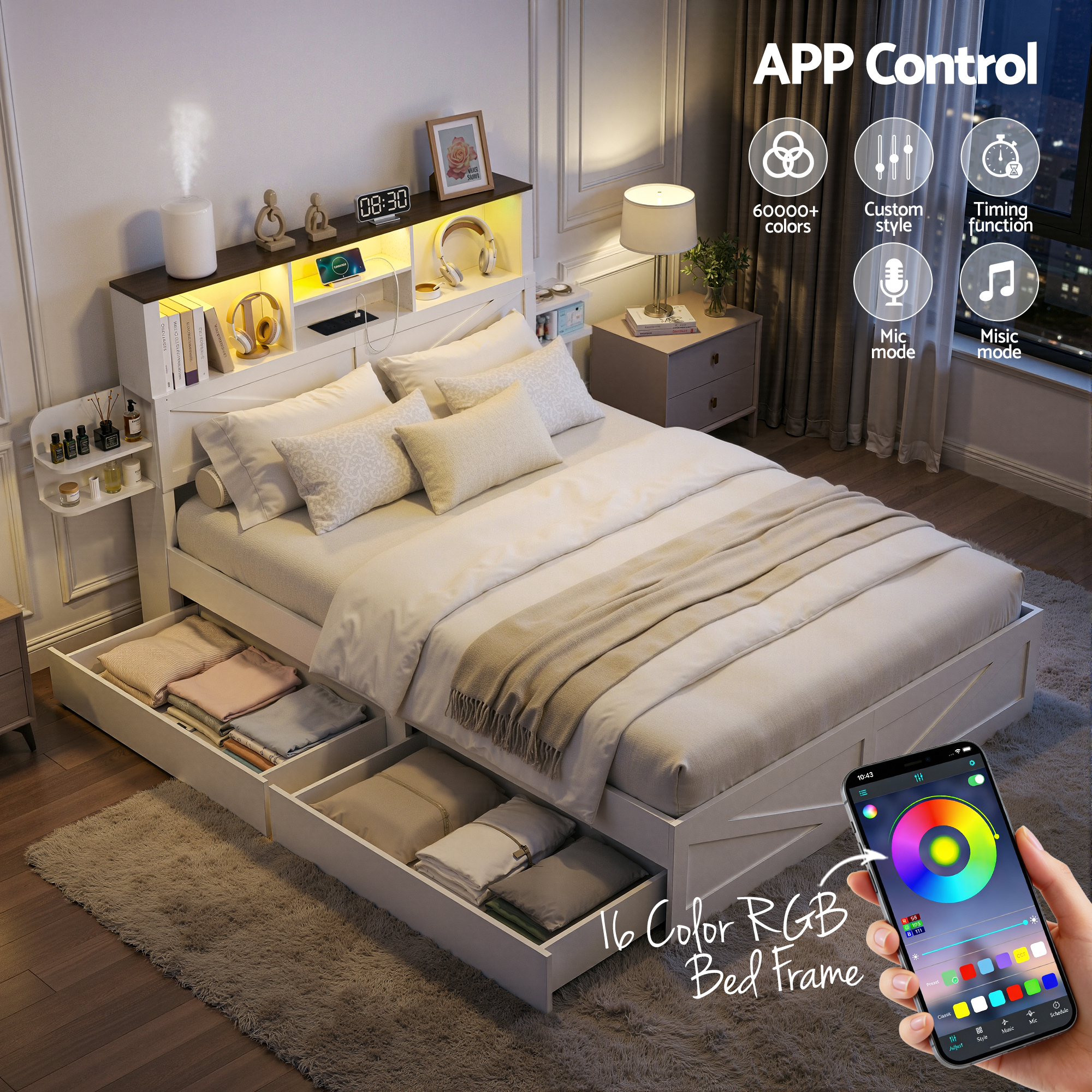 Artiss Double Bed Frame with Storage Drawers White Platform Bedframe with Bookcase Headboard Charging Station Led Light โ image 6