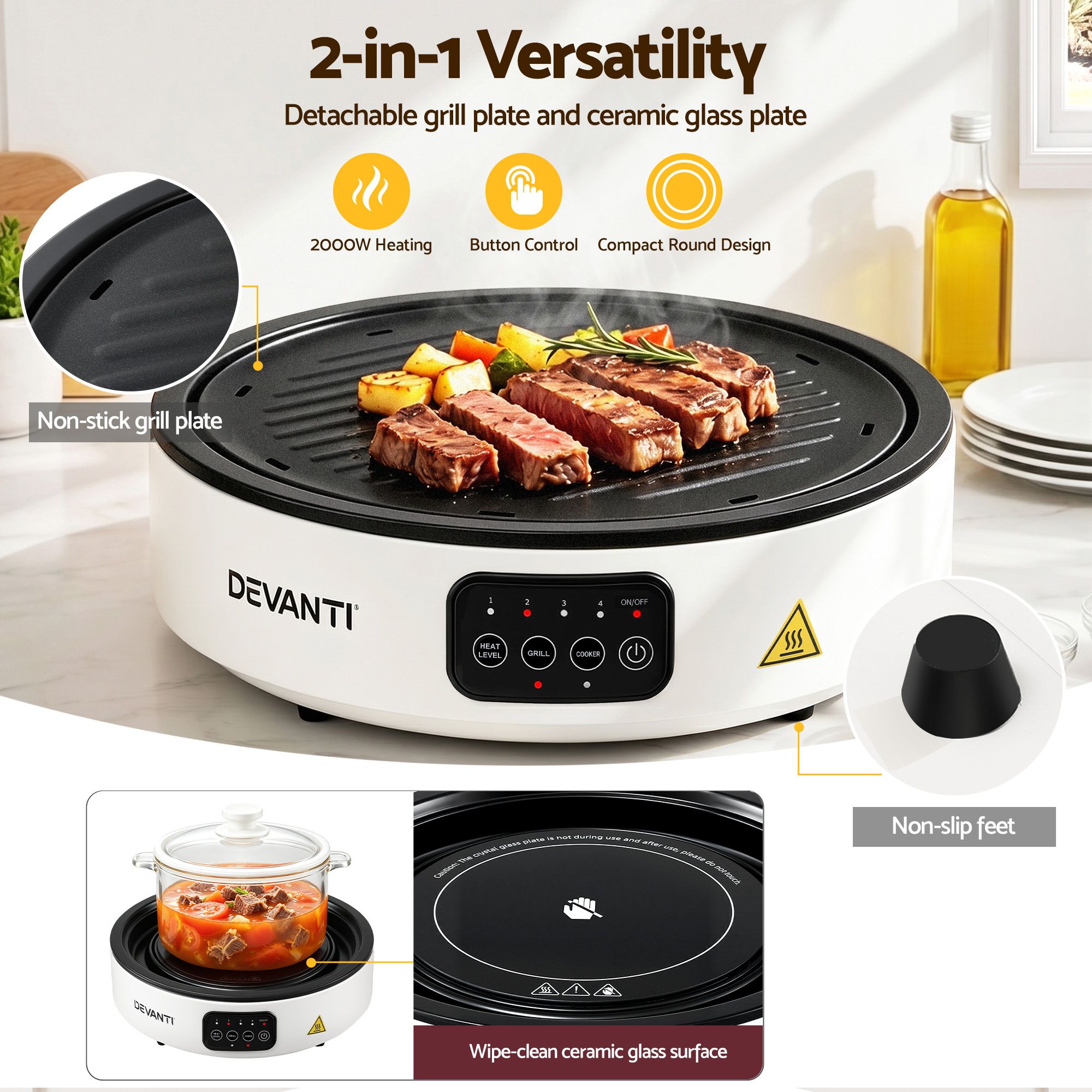 Devanti Ceramic Cooktop Electric Hot Plate Countertop Grill Cooker White โ image 4