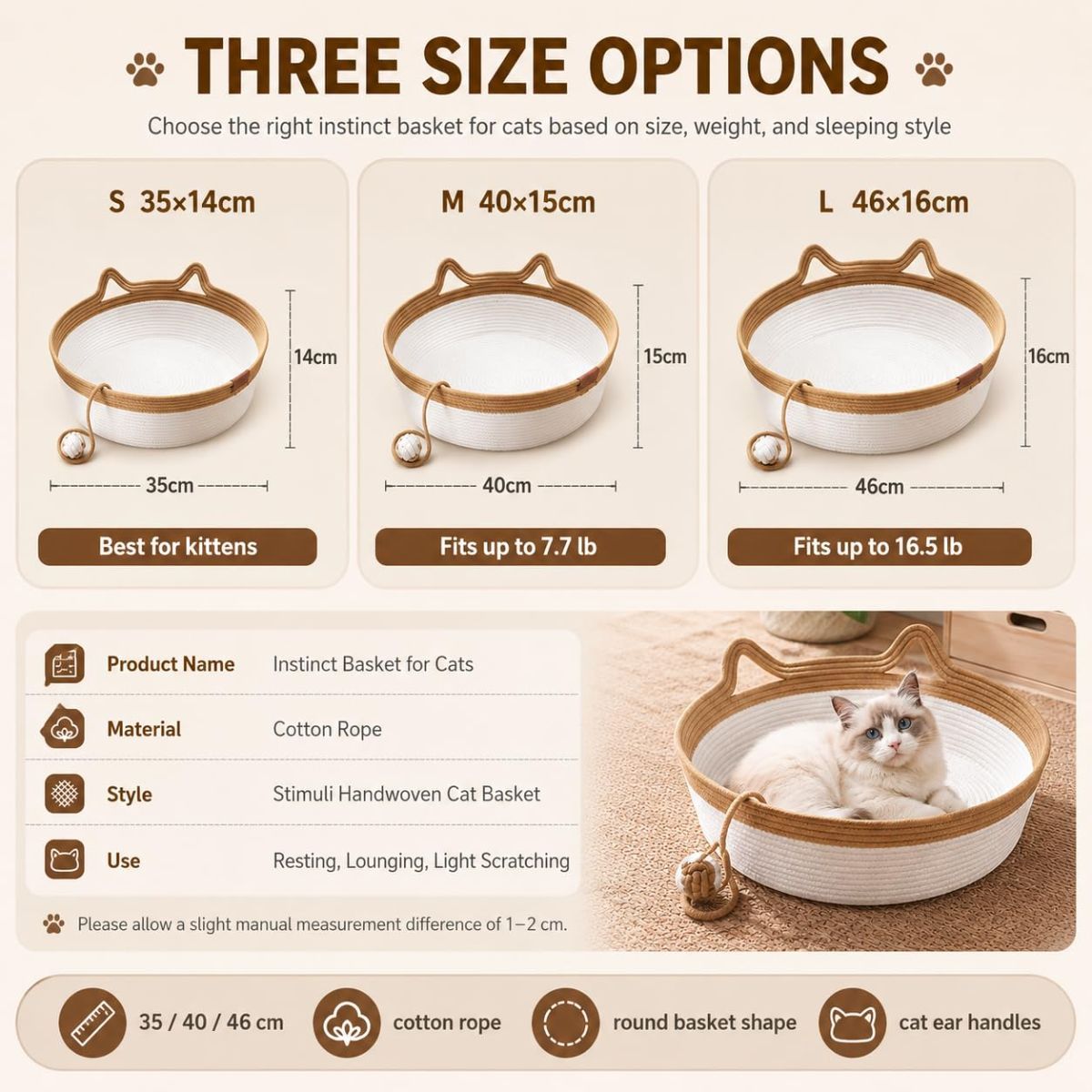 Cat Basket Hand-Woven Cat Bed Cat-Ear Handles Cotton Rope Cat Bed Indoor Cat - Gray - Size S — image 2
