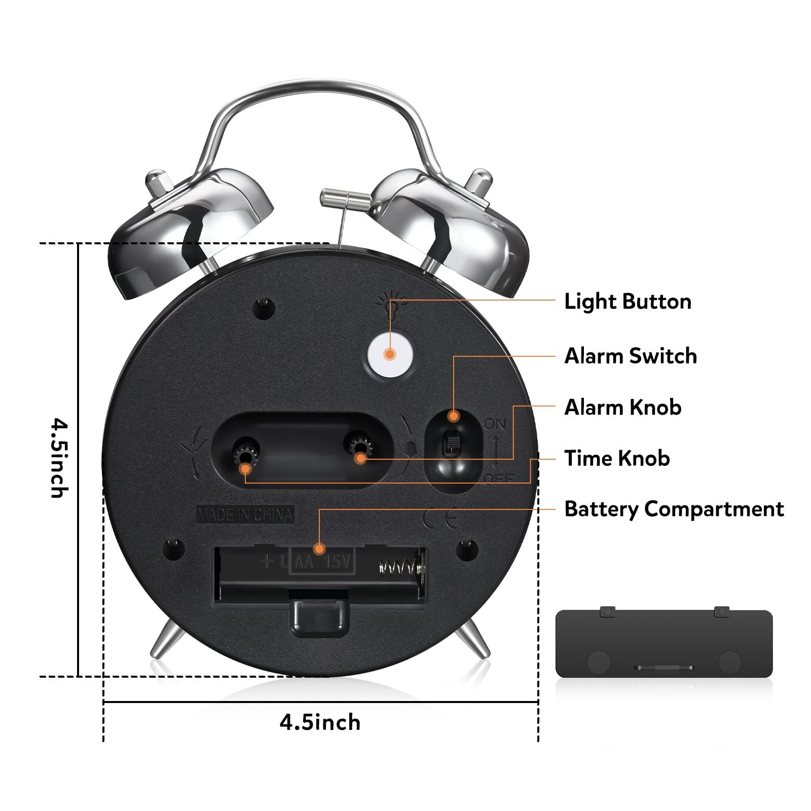 Loud Alarm Clock for Heavy Sleepers Adults,Retro 4 Inch Silent Non-Ticking Quartz with Backlight,Twin Bell Analog Kids Alarm(Grey) — image 3