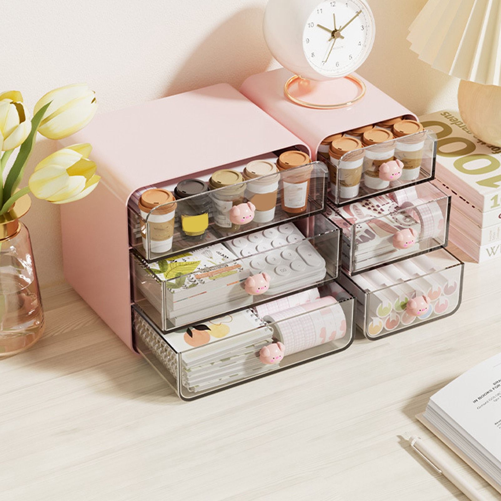 Cosmetics Storage Box Drawer Type Makeup Storage Box Desktop Shelf Basket for Student Dormitory Home Small Pink Piggy — image 6