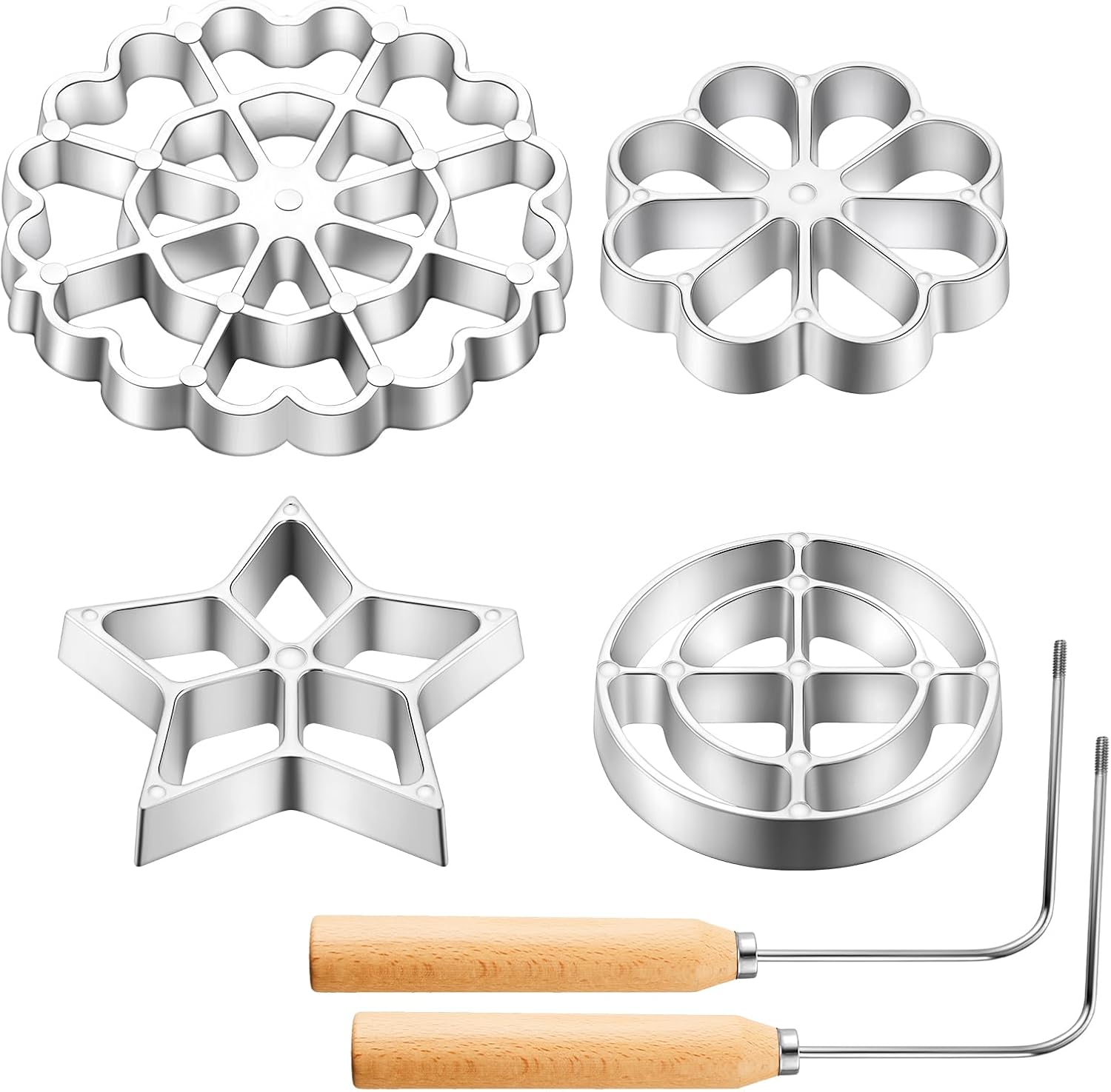 6 Pcs Rosette Iron Mold Set Bunuelos Mold with Handle Cooking Stamp Maker Kit Cookie Cutter Aluminum Alloy Waffle Maker with 3 Interchangeable Head Star Flower