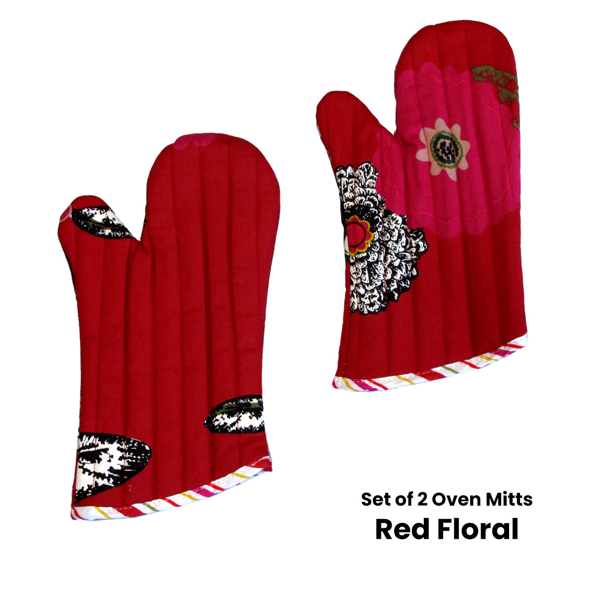 Set of 2 100% Cotton Printed Oven Mitts 34 x 15 cm Red Floral — image 2