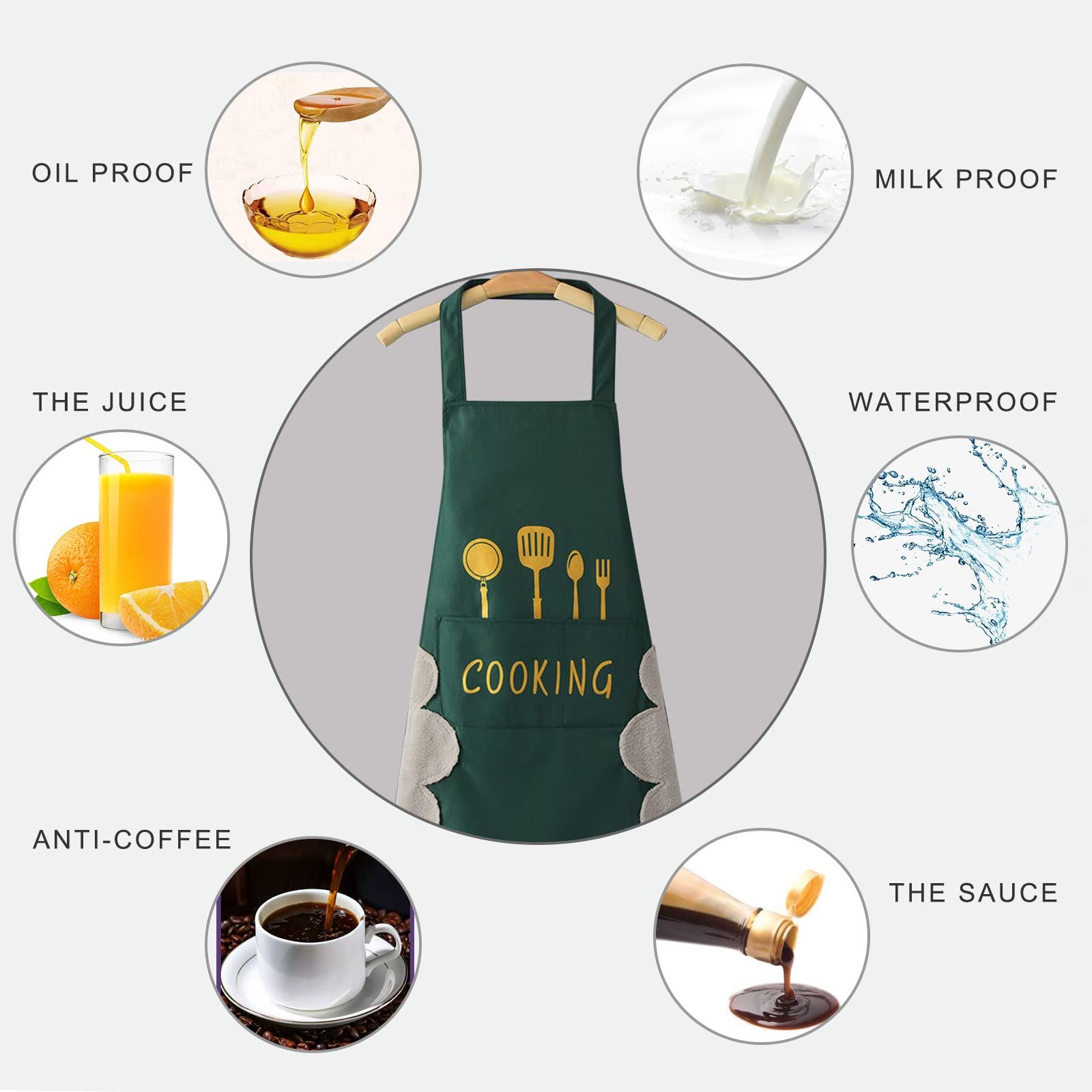 Women Kitchen Apron with Hand Wipe Pockets,Big Pocket, Hand-wiping, Waterproof for Cooking Baking (blackish green) — image 3