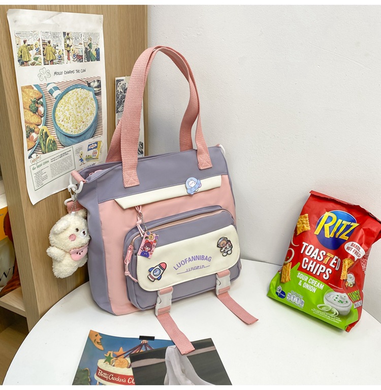 Women's Kawaii Pink Shoulder Bag with Cute Bear Plush Charm and 4 Badges Large Capacity Nylon Tote School Handbag — image 4