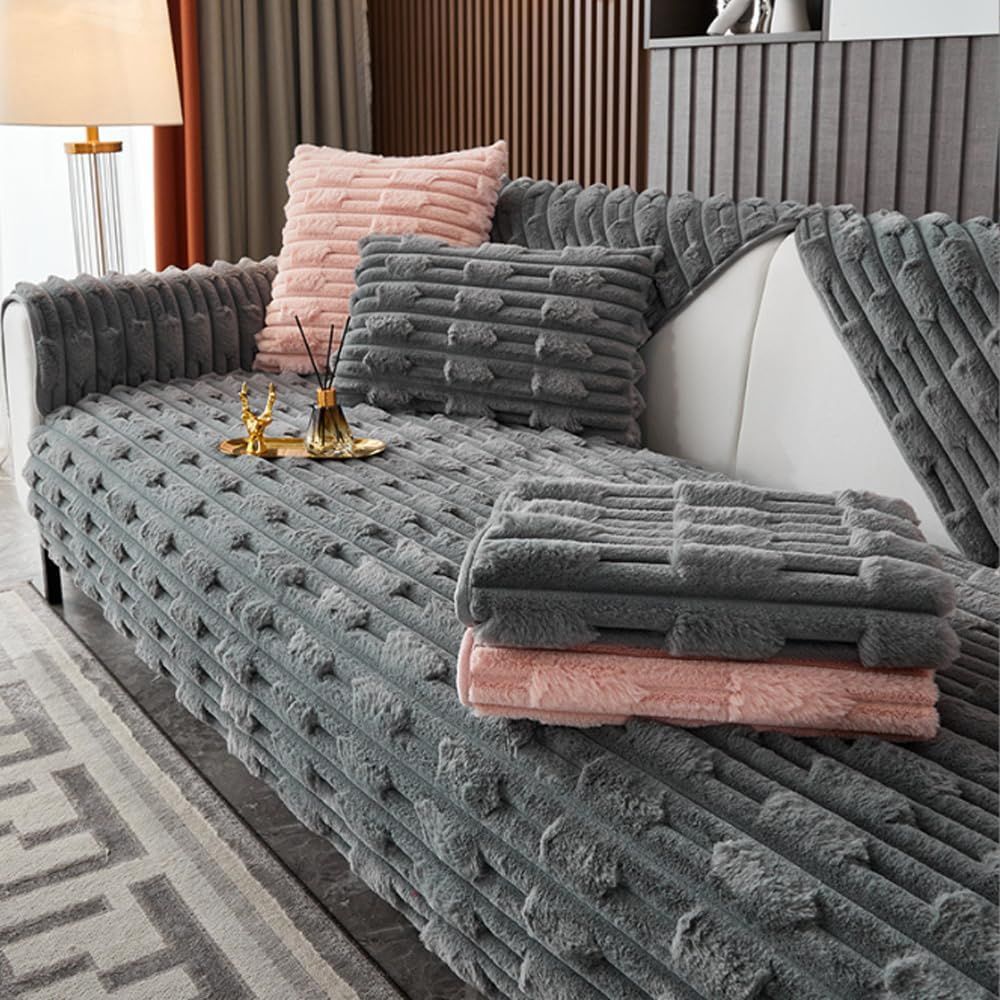 Super Soft Plush Non-Slip Sofa Cushion Covers, Thick Rabbit Plush Sofa Cushion Super Soft Faux Fur Throw Pillow Cover, Fluffy Couch Cushion Covers (Dark Grey