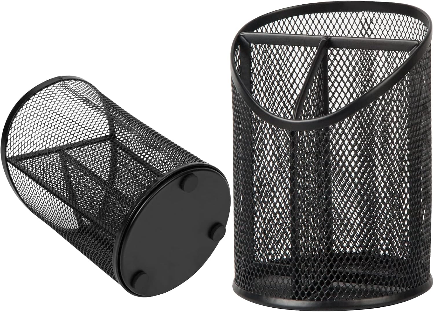 2 Pack Pen Holder Mesh Round Pencil Holder Desktop Organizer 3 Compartments, Black — image 3