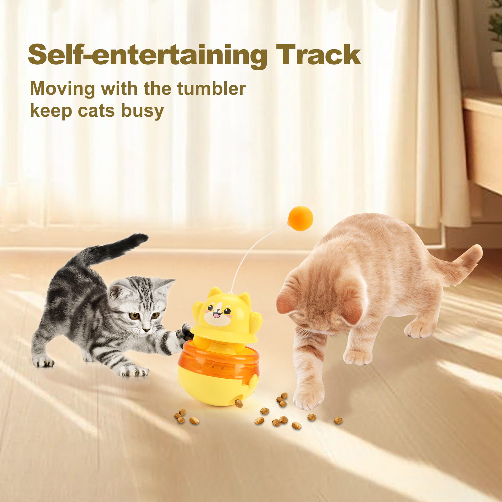 Yellow 3-in-1 Interactive Cat Toy - Tumbler, Treat Dispenser, Track & Teaser Ball — image 5