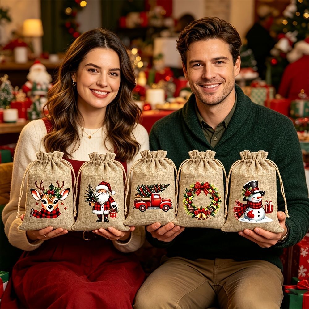 Christmas Gift Bags Linen Gift Bags Drawstring Gift Bags Reusable Gift Bags - Original hemp color - Size 10-15CM โ image 2