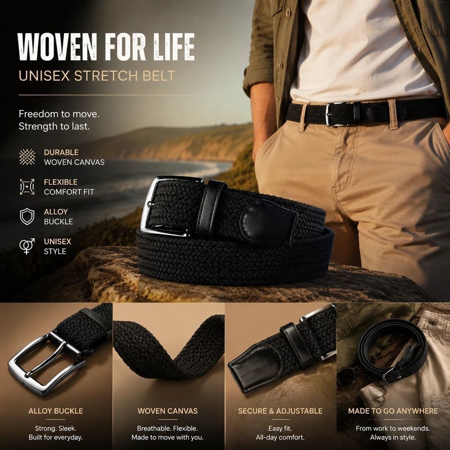 Blue Khaki Mixed Woven Stretch Belt 125cm Elastic Canvas Unisex Golf Strap — image 4
