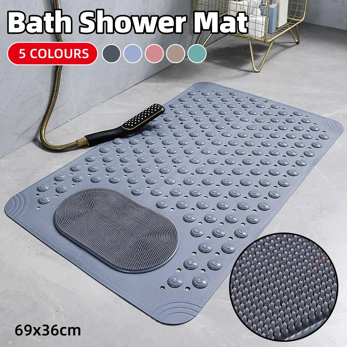 Non Slip Floor Pad Bathroom Tub Mat Bath Shower Mat with Round Massage Point - Pink — image 2