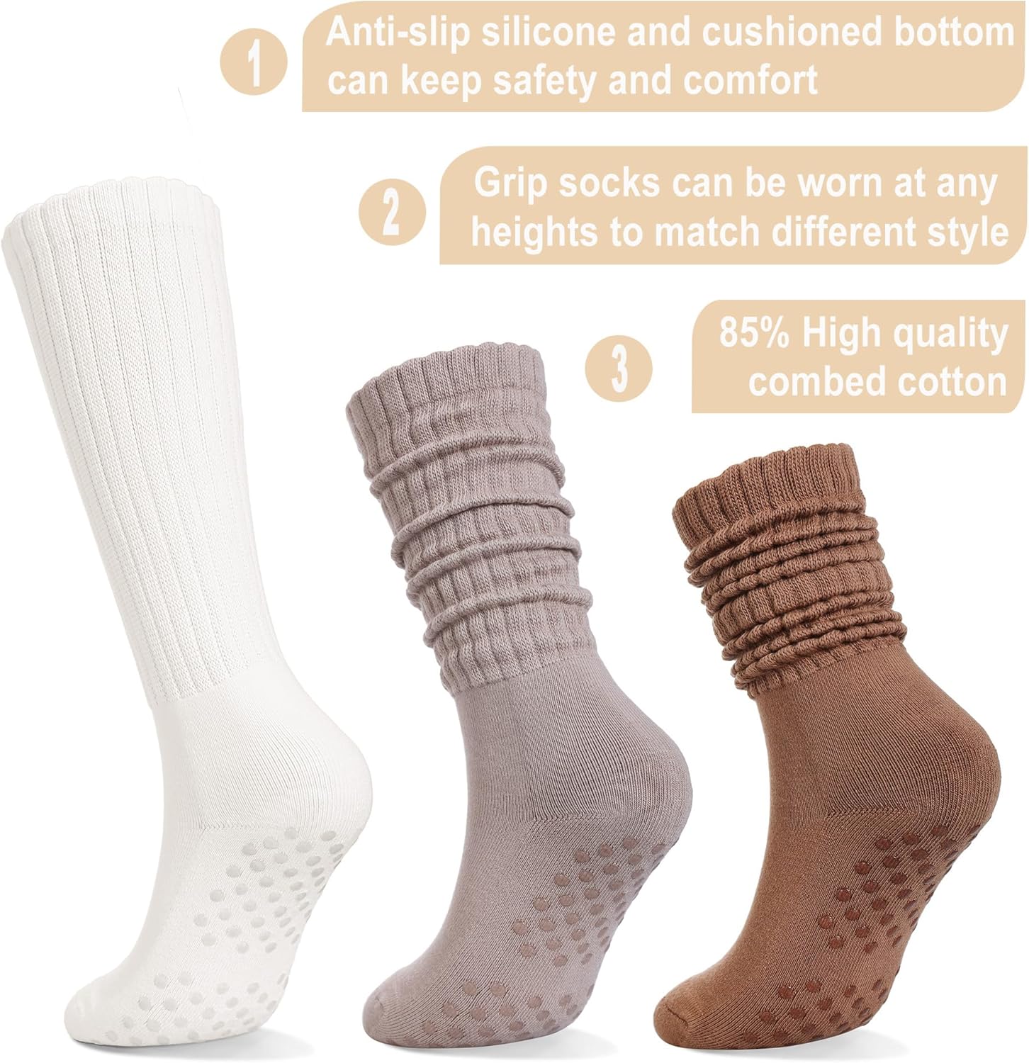 Pilates Socks with Grips for Women Long Slouch Non-Slip Yoga Barre Chioned Workout Scrunch Socks 3 Pairs — image 3