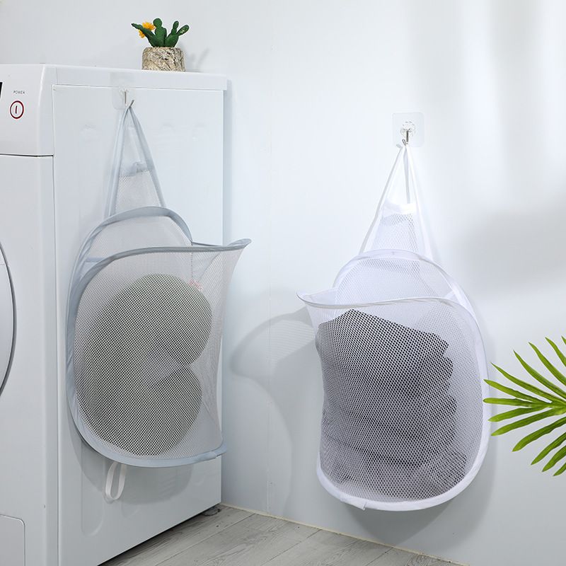 Foldable Wall Mount Laundry Basket 2-Pack - Hanging Clothes Storage Organizer for Bathroom Bedroom - Space Saving Collapsible Hamper - Gray Mesh — image 2