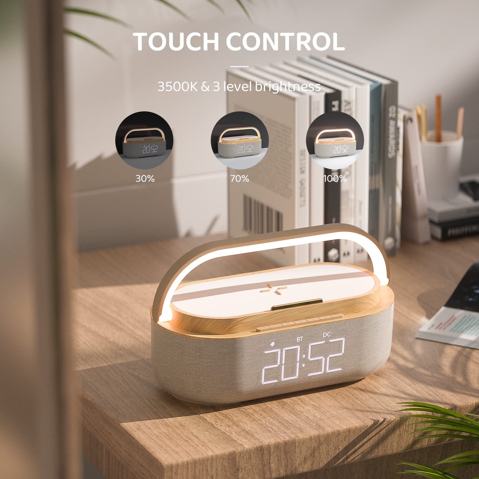 Bluetooth Speaker Alarm Clock with Wireless Charger, LED Night Light, 1800mAh Battery - For Bedroom, Home — image 3