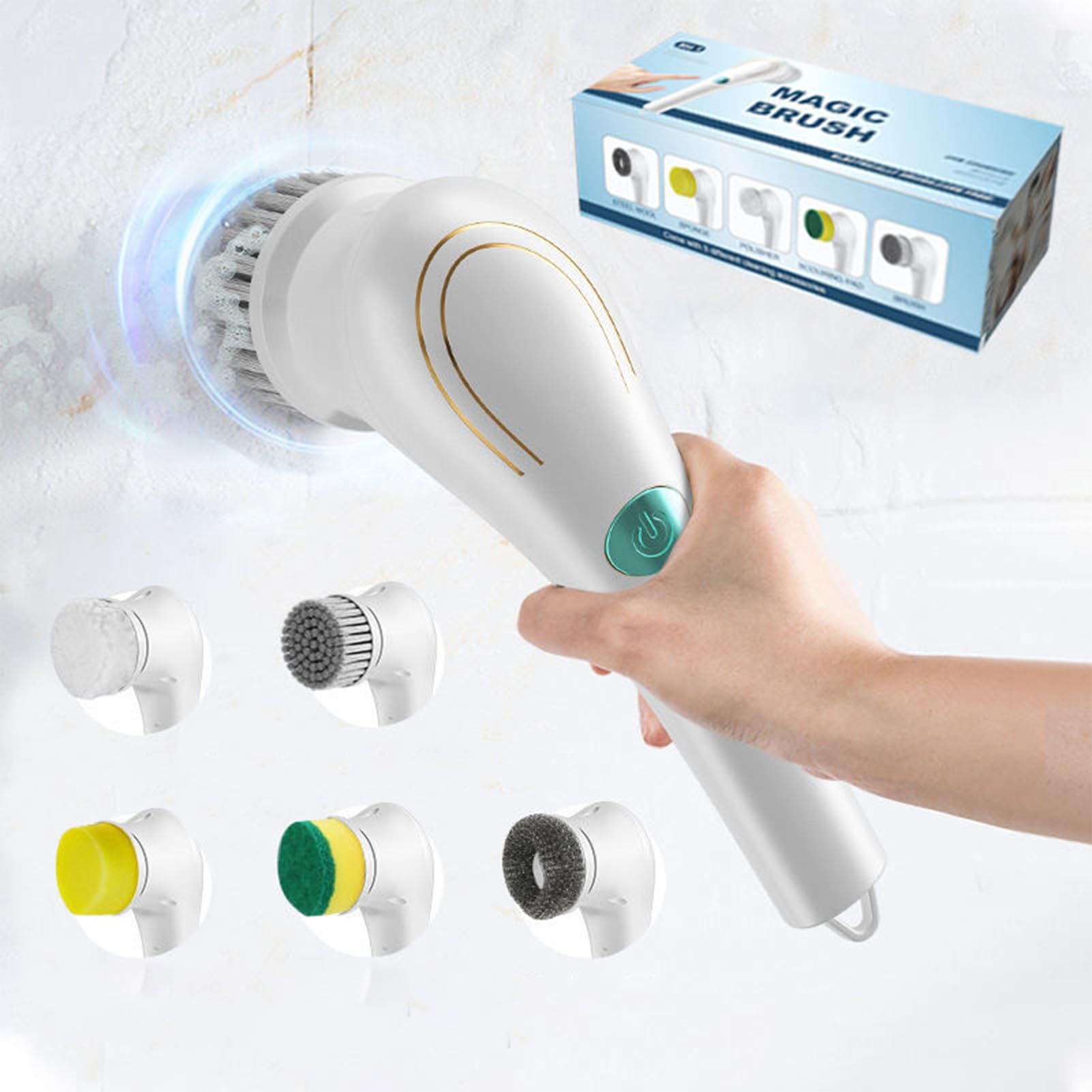 Electric Spin Scrubber, Handheld Cordless Rechargeable Electric Cleaning Brush with 5 Replaceable Heads,Power Cleaning Brush for Kitchen, Dish, Floor