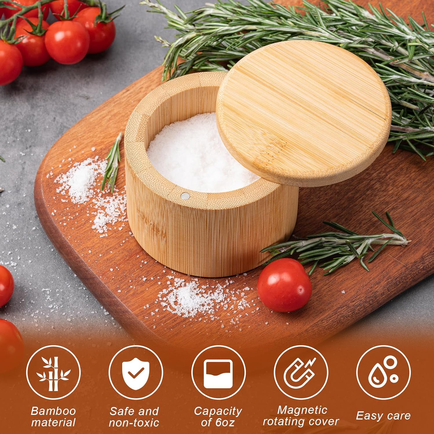 Bamboo Salt Cellar, Magnetic Swivel Lid Salt Box, Round Container for Storing Pepper Sugar Herbs, 6 Ounce Capacity — image 4