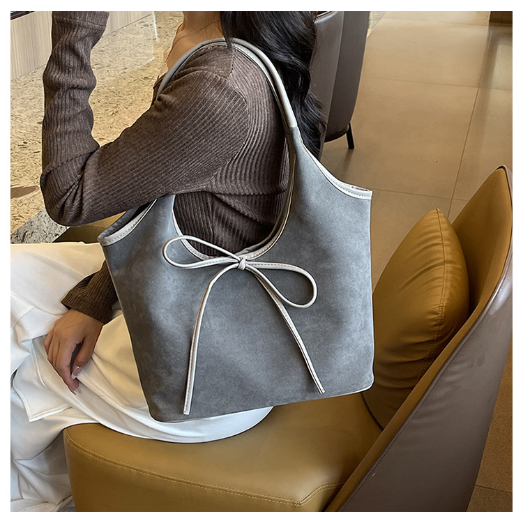 Grey Chic Retro Suede-Finish PU Leather Tote Bag - Large Capacity Shoulder Bag with Tie Accent โ image 6