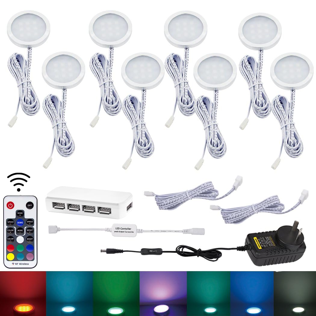 RGB Color Changing LED Under Cabinet Lighting Kit, Aluminum Slim Cabinet LED Puck Lights for Kitchen Counter Wardrobe Counter Furniture Shelf