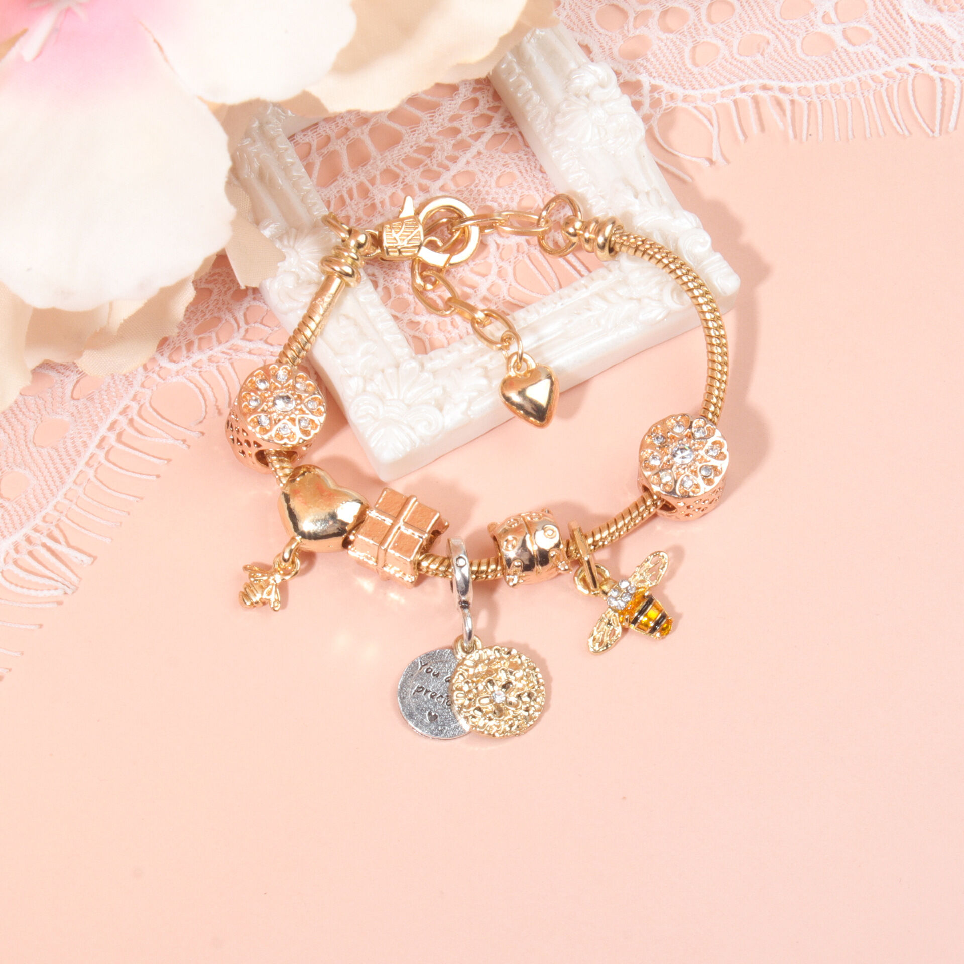 Golden Heart & Bee Charm Bracelet with Rhinestones, Hollow Flower & Gift Box Beads(21cm) โ image 5