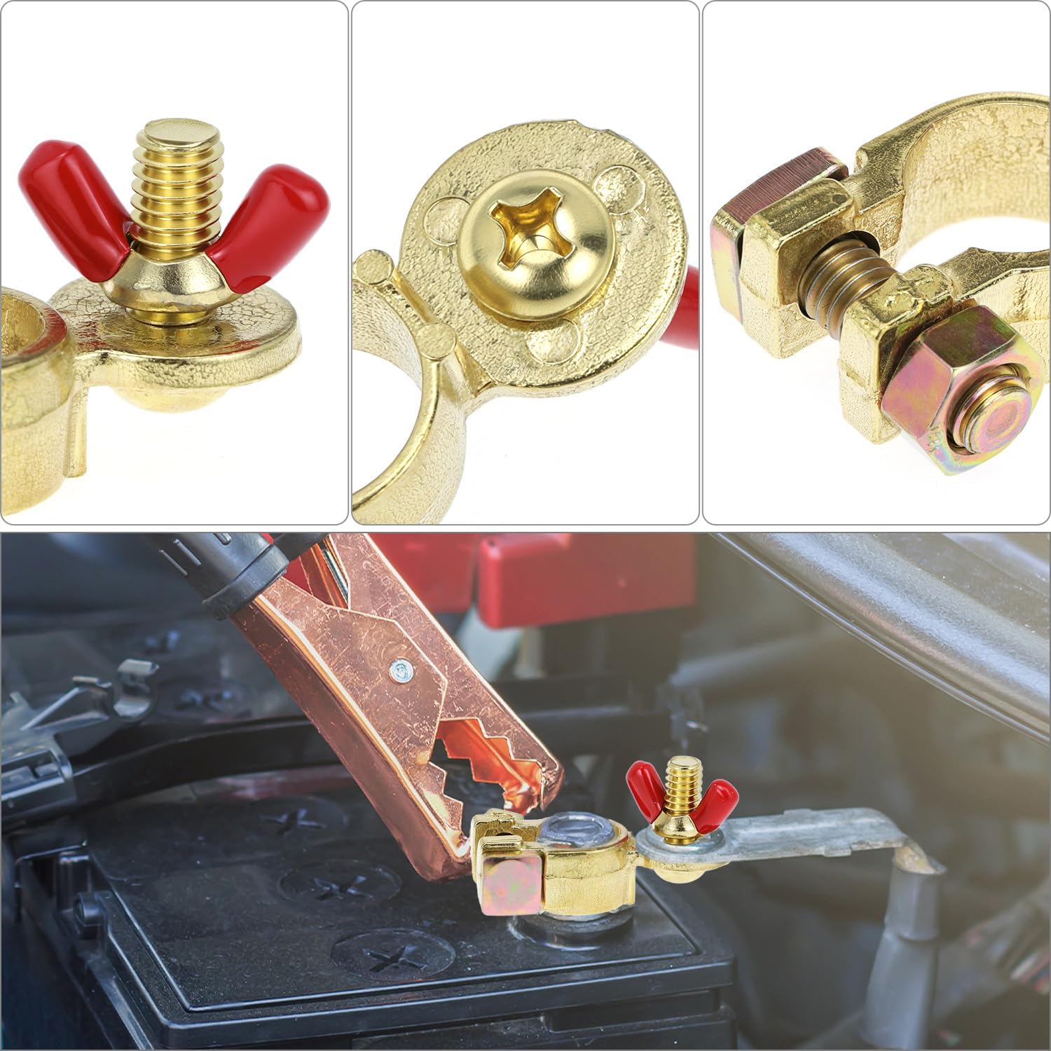 Brass Marine Grade Battery Terminal Top Post, 4 Pairs Battery Terminal Connectors, Battery Terminal Clamps for Boat Car RV, Fit All Standard Top of Post — image 3