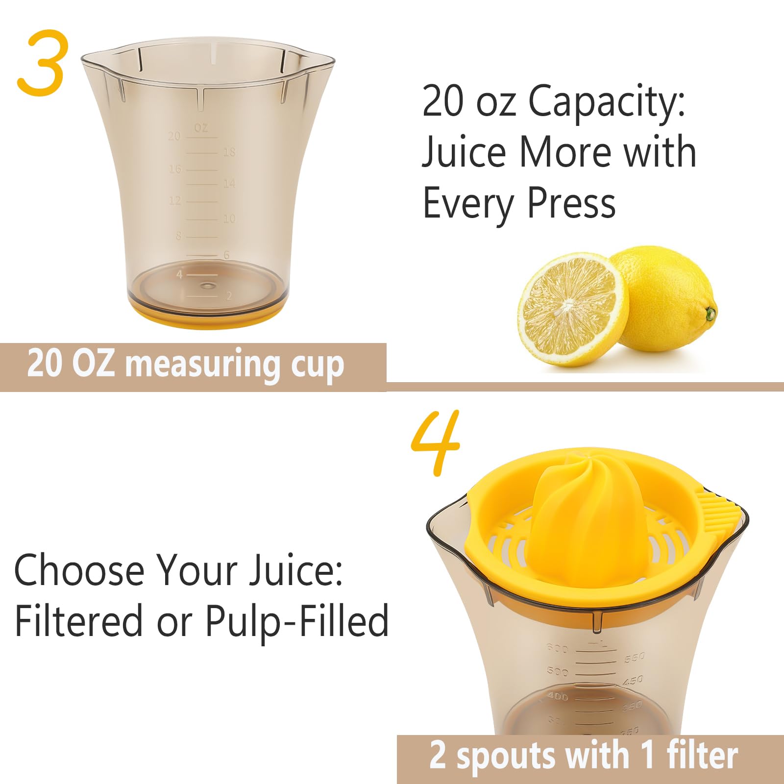 Handheld Citrus Juicer with Dual Reamer & 20oz Measuring Cup – Manual Lemon, Lime, Orange, Grapefruit Squeezer with Anti-Slip Base and Filtered Spout (Yellow) — image 5