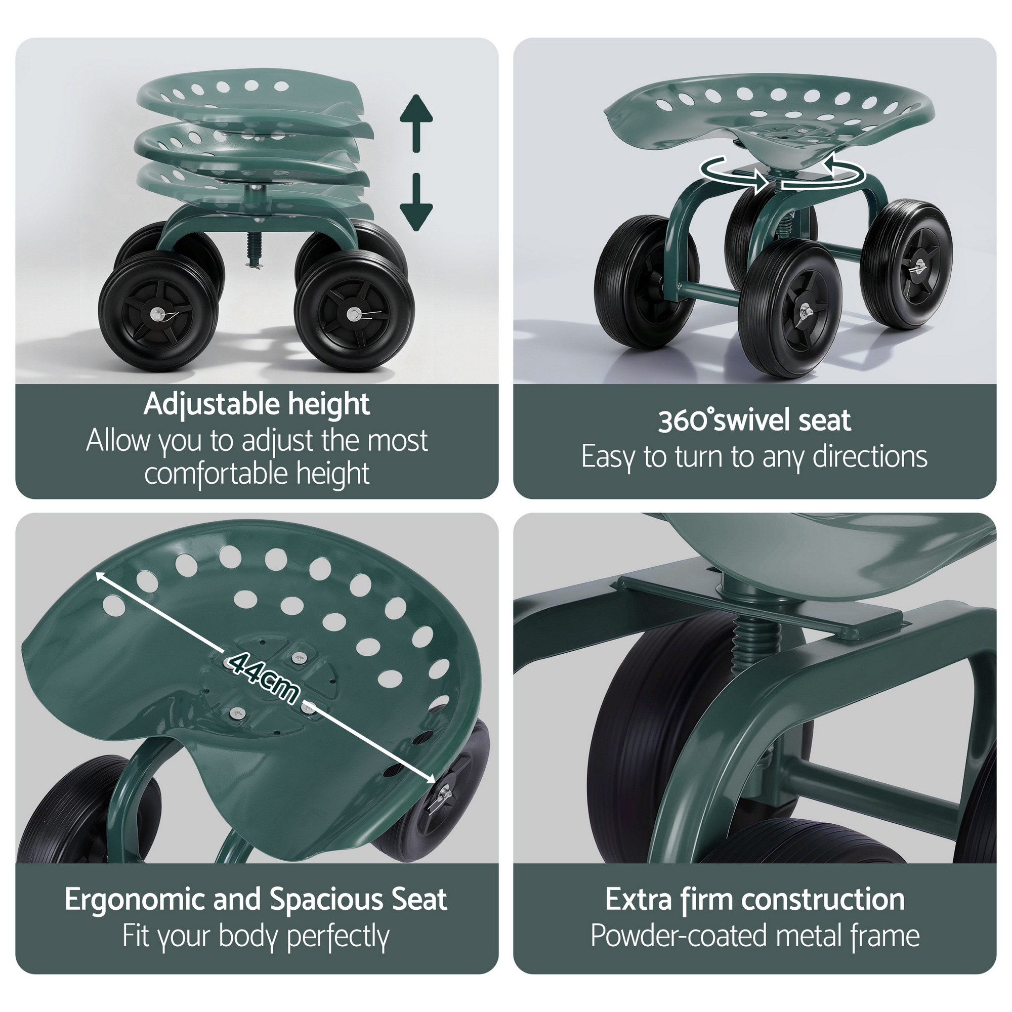 Gardeon Garden Seat 360 Swivel Rolling Adjustable Height Work Scooter Cart Wheels Heavy Duty 150kg — image 3