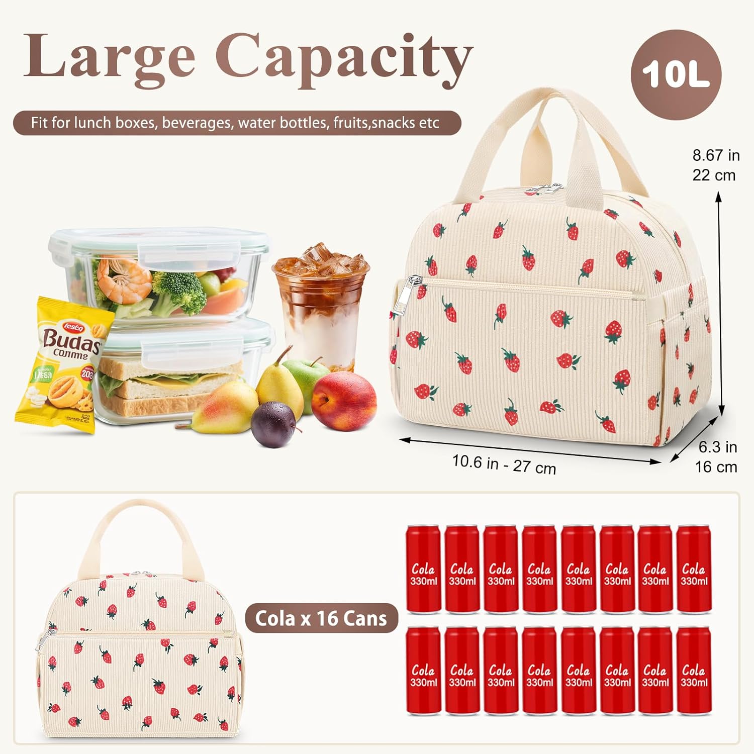 Lunch Box for Women, Cute Strawberry Corduroy Insulated Lunch Bag Women Reusable Work Leakproof Simple Adults Large Lunch Boxes Tote Bag Men Cooler Bag β image 3