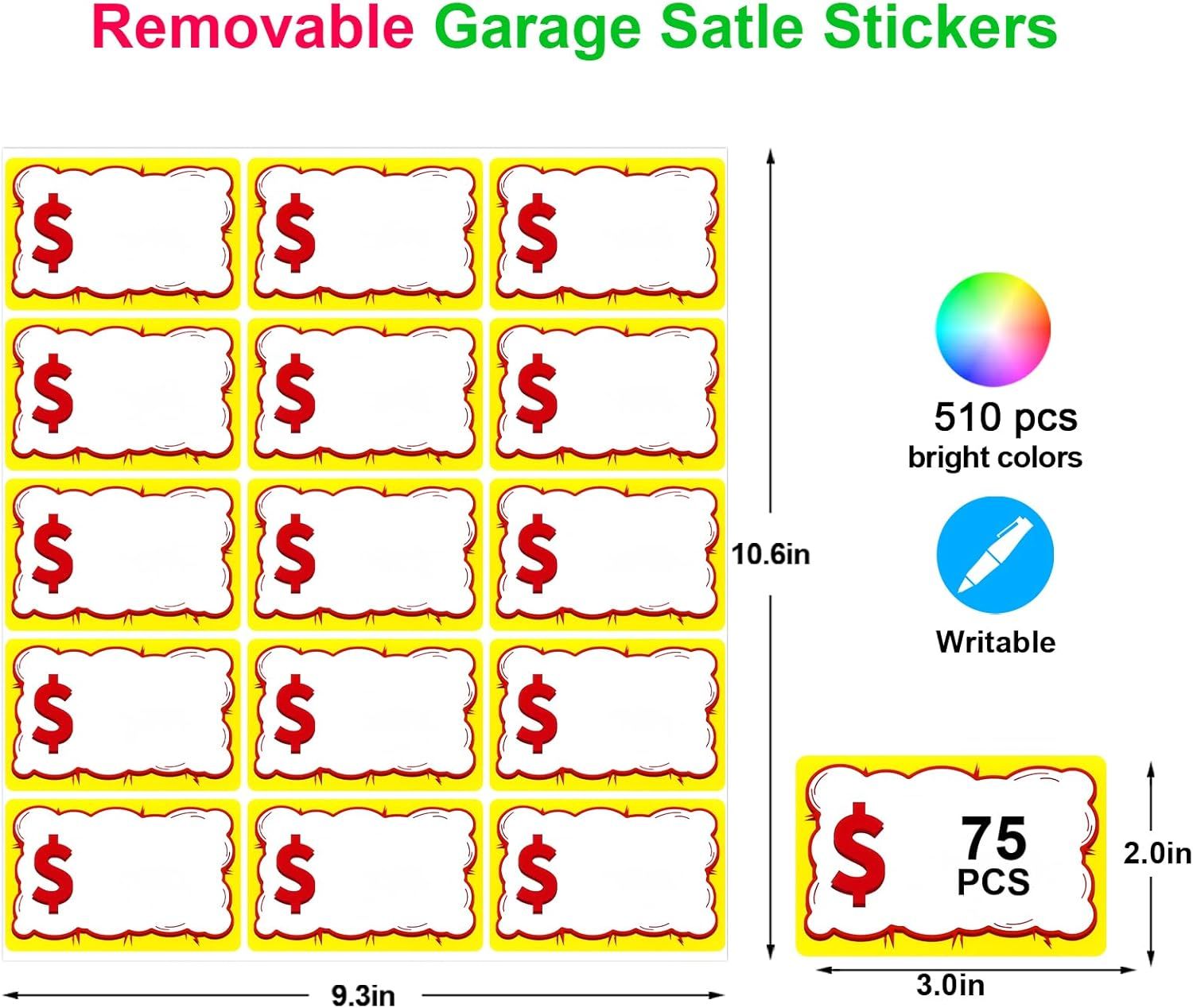 510 PCS Removable Garage Sale Price Stickers, 3"x2" Price stickers or Yard Sales, lea Markets, County airs & Retail Use, Pricemarker Labels, Colours Round — image 2