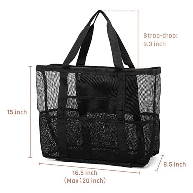 6 Pockets Mesh Beach Bag, Foldable Picnic Bag for Family, Compatible with Oral-B, Large, Black — image 2